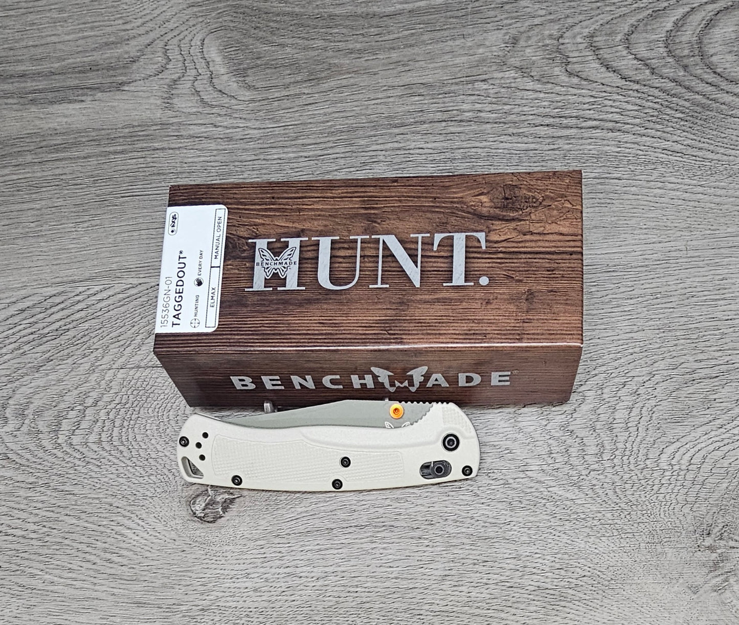 B-USA 15536GN-01 TAG*ED OUT TAN W/ GREEN BLADE KNIFE. MADE on a BENCH in Oregon