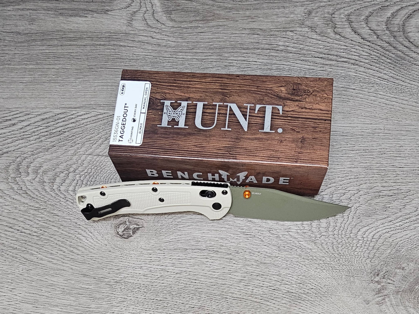B-USA 15536GN-01 TAG*ED OUT TAN W/ GREEN BLADE KNIFE. MADE on a BENCH in Oregon