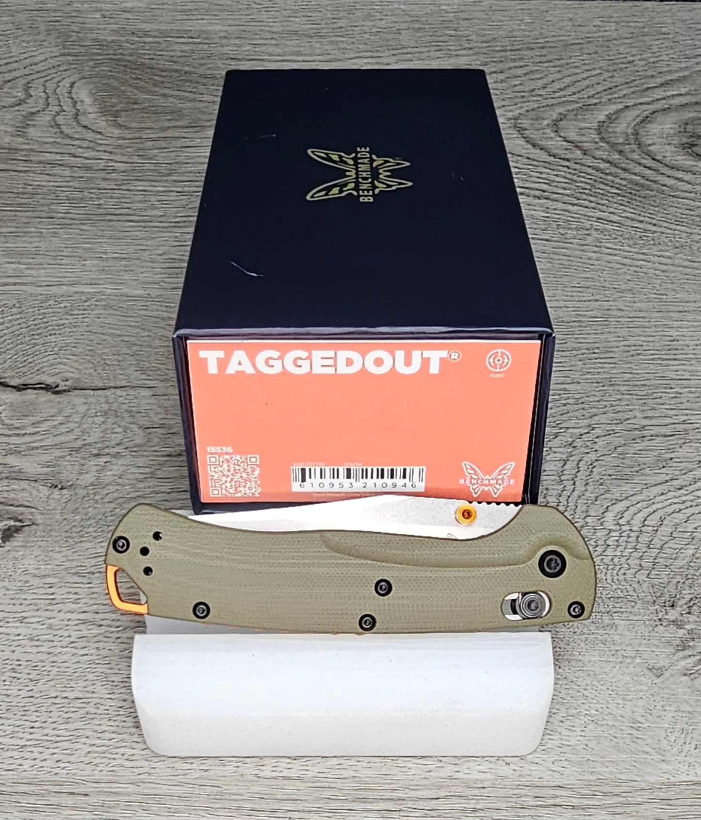 B-USA 15536 TAG*ED OUT OD GREEN G10 KNIFE. MADE on a BENCH in Oregon
