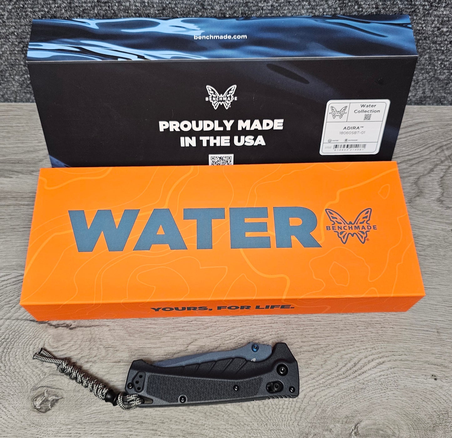 B-USA 18060sBT-01 ADIRA WATER SERIES TEMPEST GRAY (serrated) FOLDING KNIFE MADE on a BENCH in Oregon