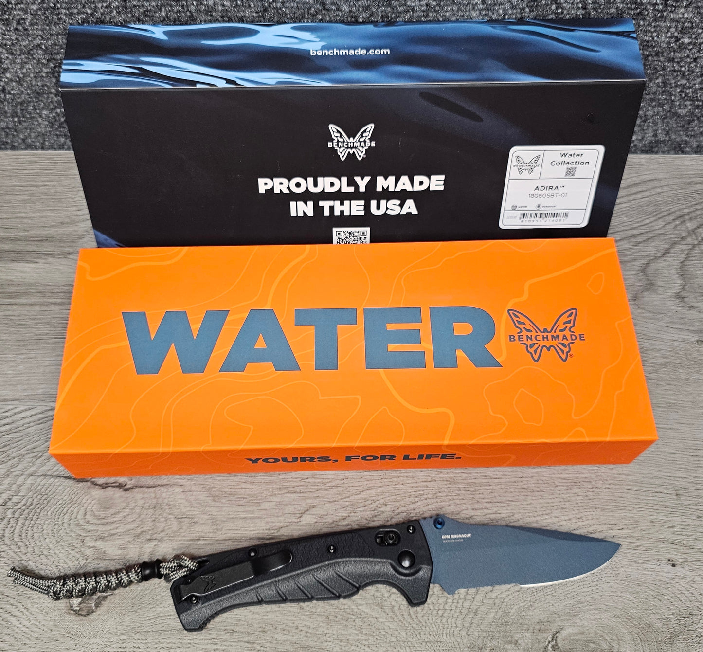B-USA 18060sBT-01 ADIRA WATER SERIES TEMPEST GRAY (serrated) FOLDING KNIFE MADE on a BENCH in Oregon