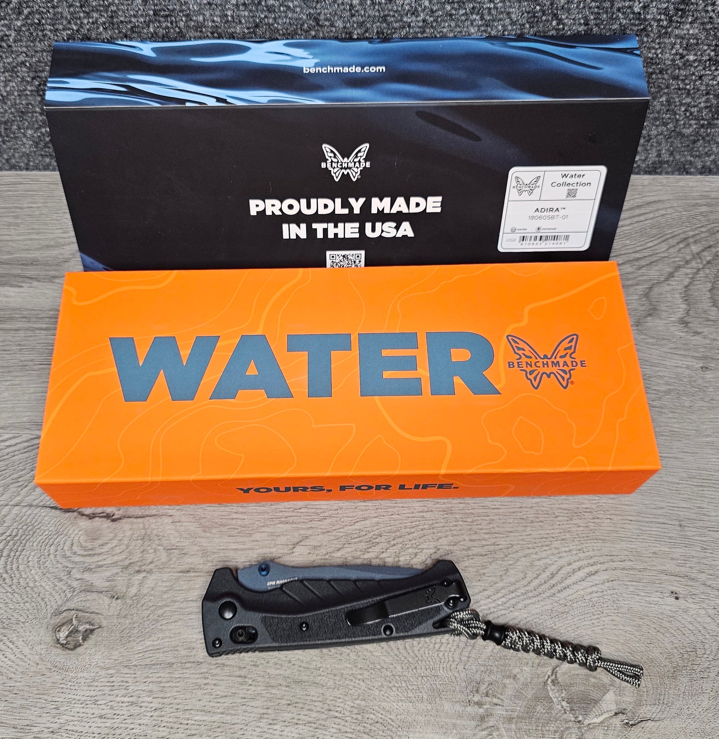 B-USA 18060sBT-01 ADIRA WATER SERIES TEMPEST GRAY (serrated) FOLDING KNIFE MADE on a BENCH in Oregon