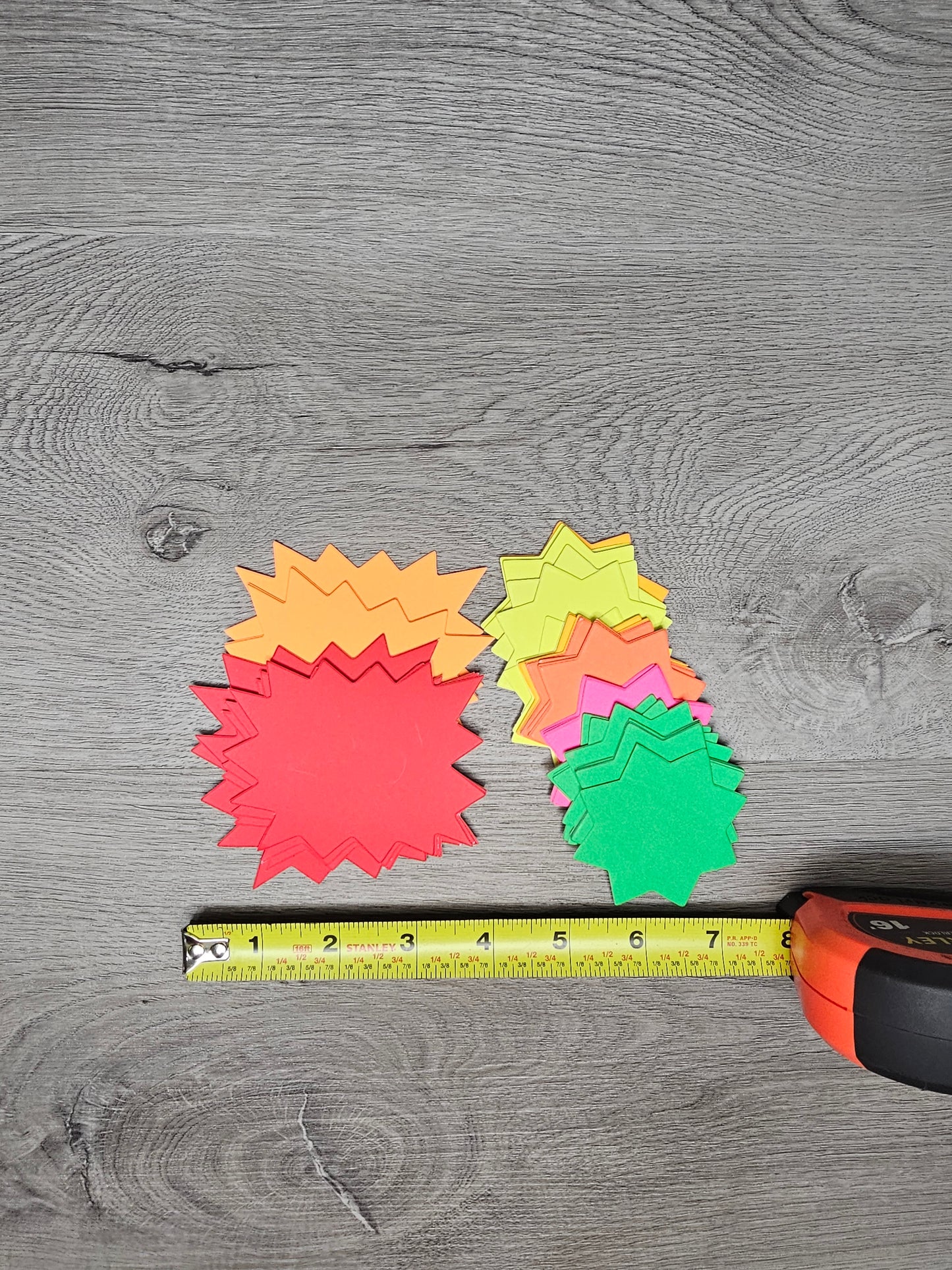 50 BURST SIGNS assorted RED, YELLOW, ORANGE, GREEN, PINK 39 PIECES 3.5"X2.75" & 11 PCS 2.5"