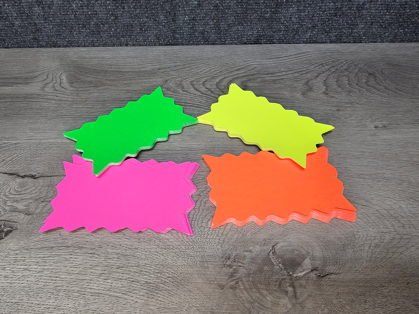 100 BURST SIGNS 3"X 5" assorted 25 EACH YELLOW, ORANGE, GREEN, PINK