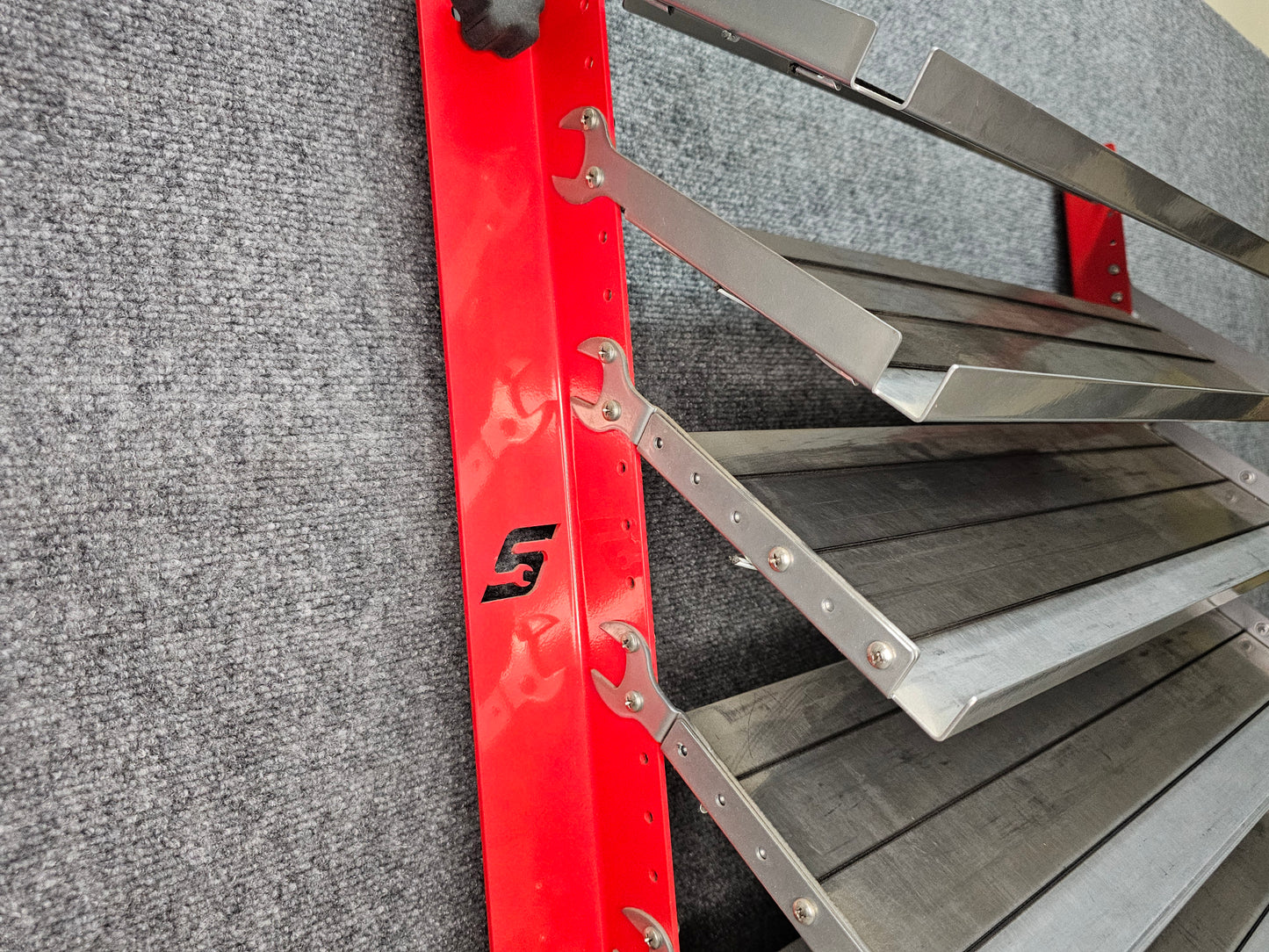 PROMO SHELF (5 SHALLOW SHELVES) DISPLAY POWDER COATED RED MOUNTS TO E- TRACK OR YOU CAN EASILY BOLT TO WALL