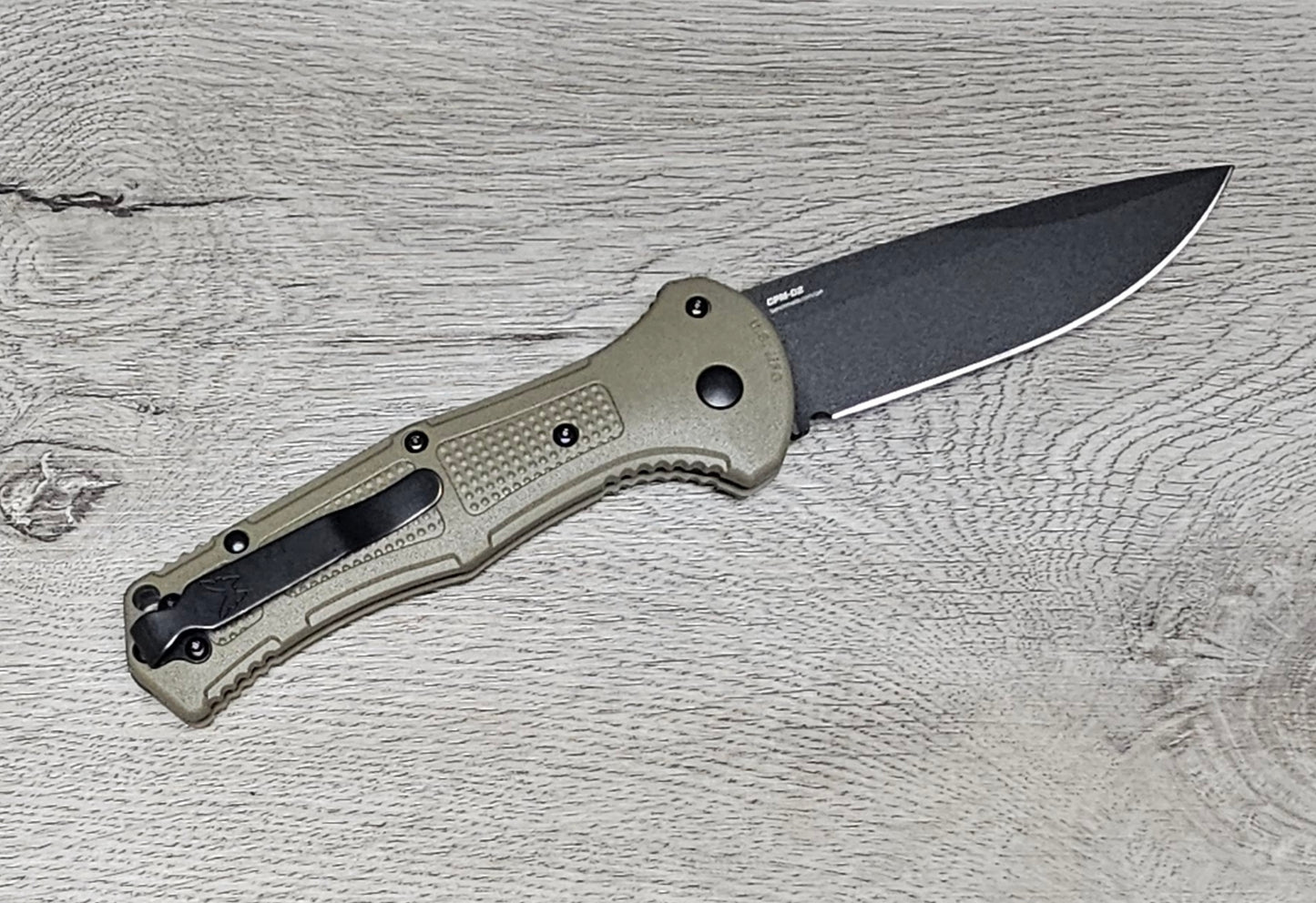 B-USA 9070BK-1 CLAYM*RE AUTO OPENING (NON 0TF) RANGER GREEN KNIFE . MADE on a BENCH in Oregon