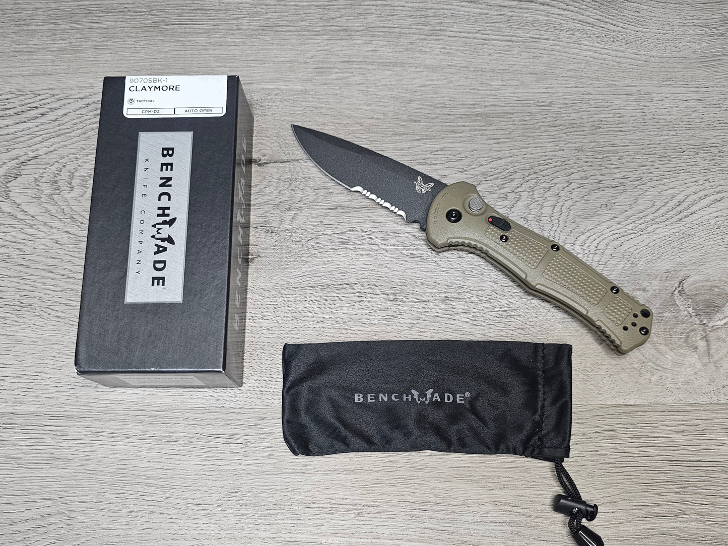 B-USA 9070SBK-1 CLAYM*RE AUTO OPENING (NON 0TF) RANGER GREEN SERRATED KNIFE . MADE on a BENCH in Oregon