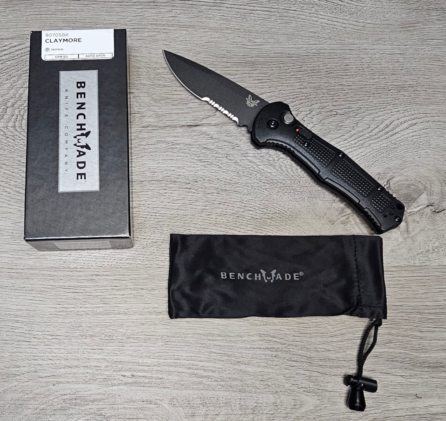 B-USA 9070SBK CLAYM*RE AUTO OPENING (NON 0TF) BLACK SERRATED KNIFE . MADE on a BENCH in Oregon