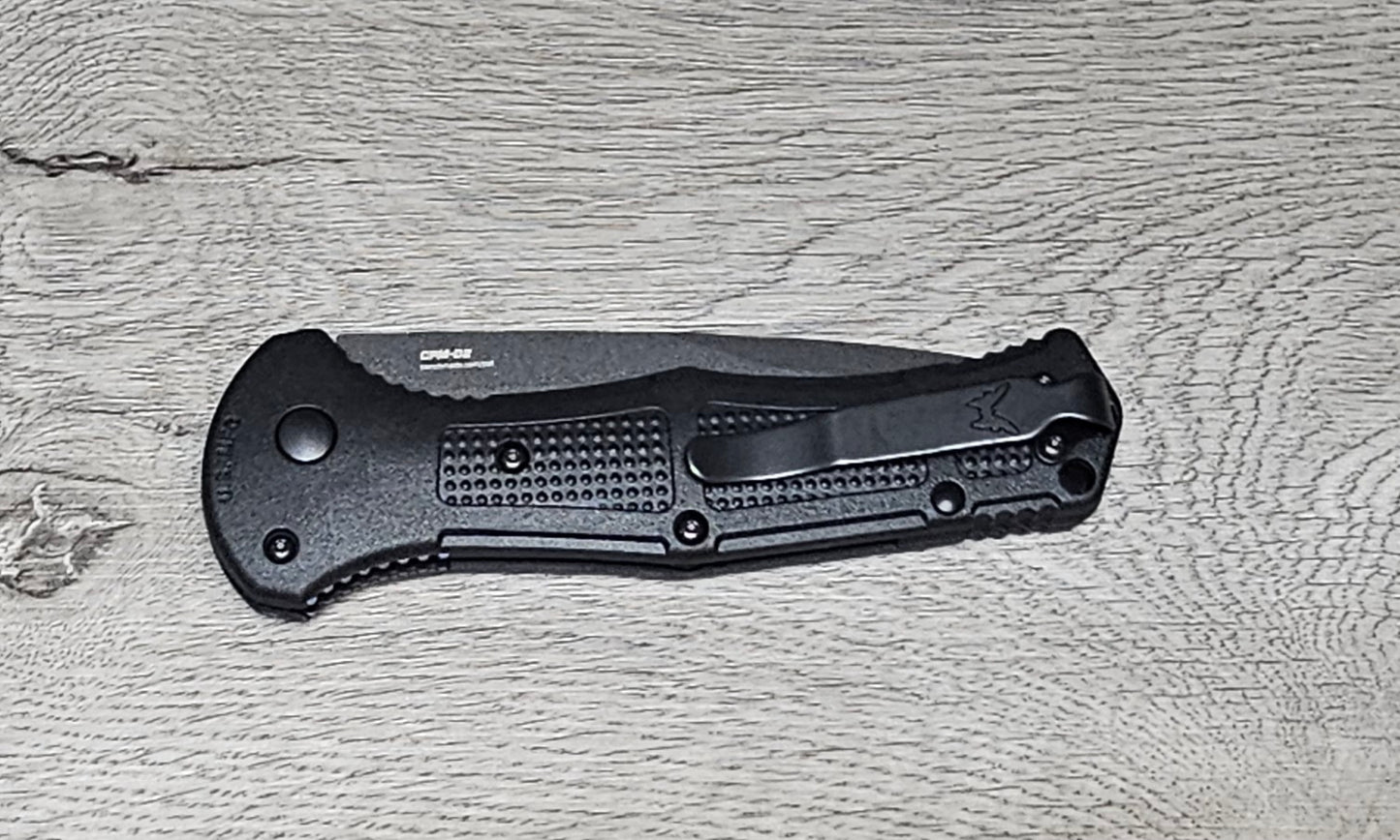 B-USA 9070SBK CLAYM*RE AUTO OPENING (NON 0TF) BLACK SERRATED KNIFE . MADE on a BENCH in Oregon