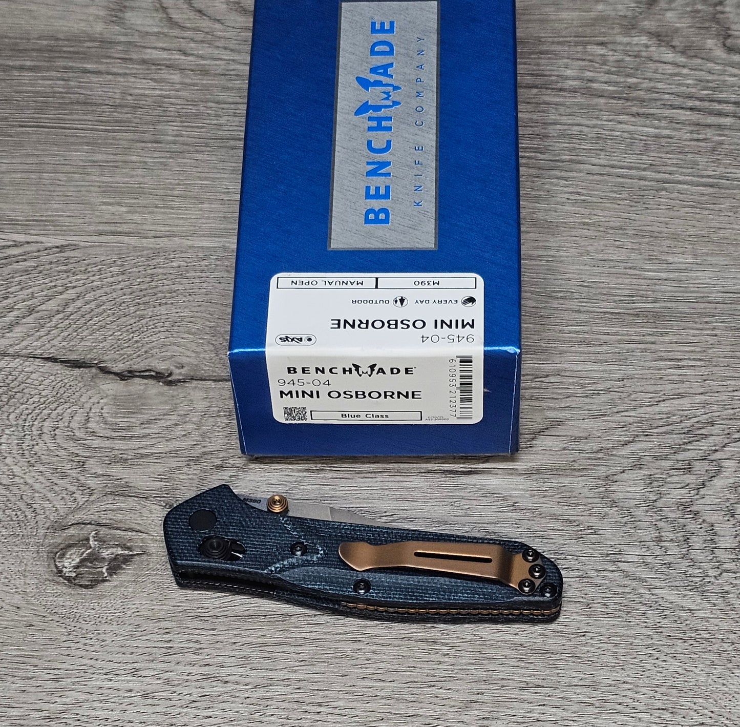 B-USA 945-04 MINI OSBO*RNE BLUE DENIM MICARTA MADE on a BENCH in Oregon