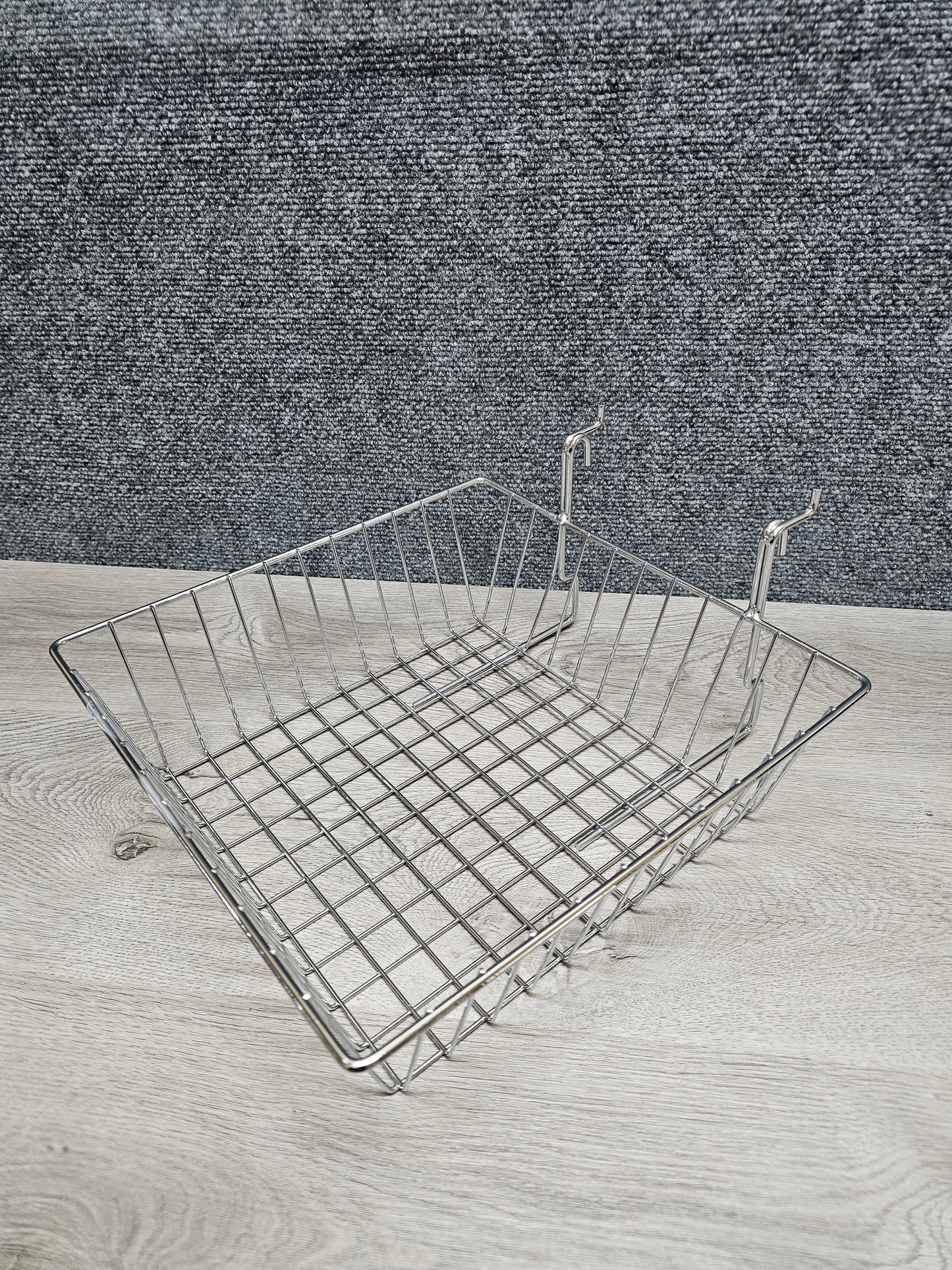 CHROME SHALLOW WIRE BASKET 12X12X4" FOR SLATWALL OR PEGBOARD #SW-SBSKC