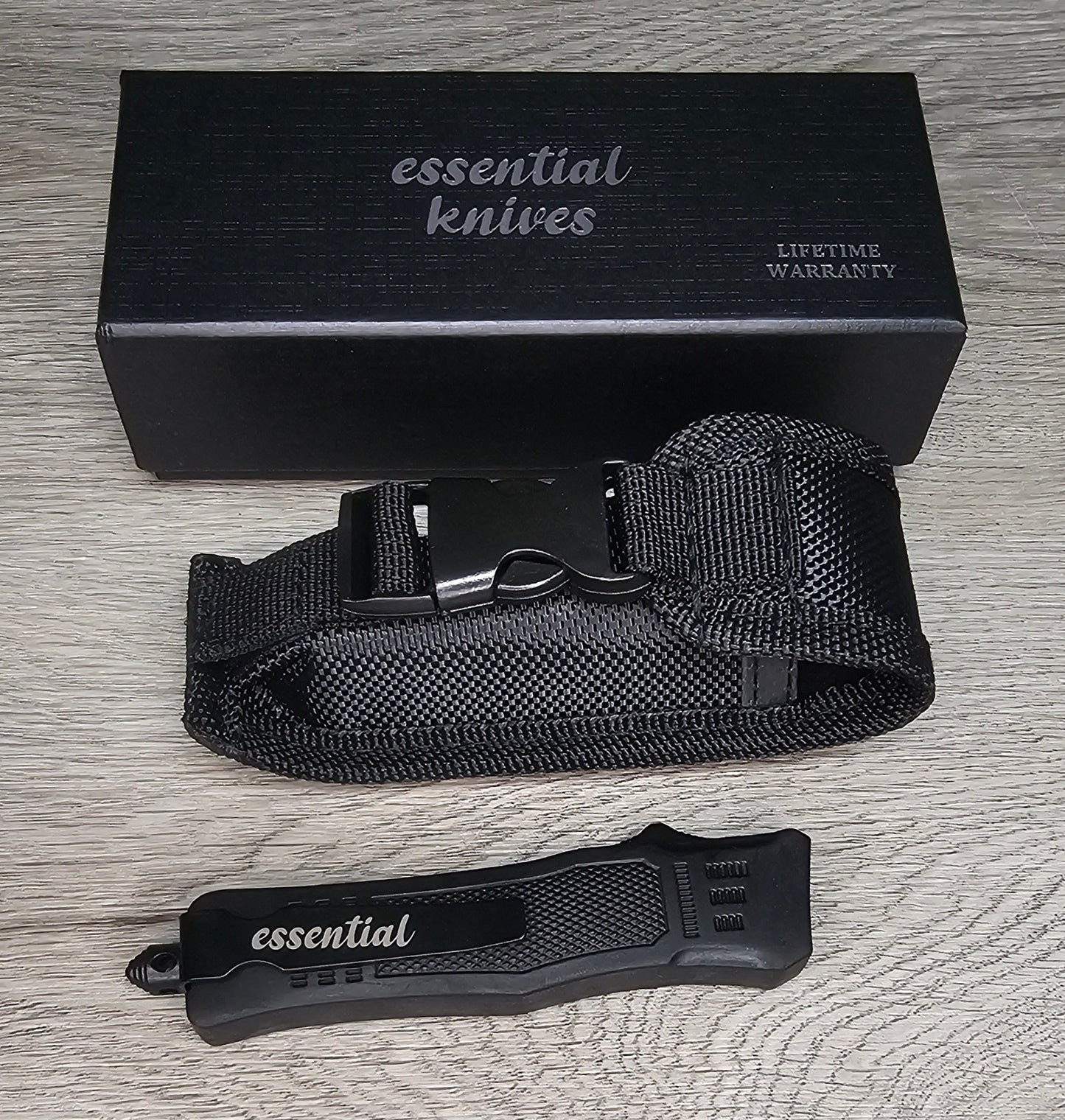 ESSENTIAL KNIVES "THE ESSENTIAL 7" BLACK Out The Front Knife TANTO SERRATED Blade