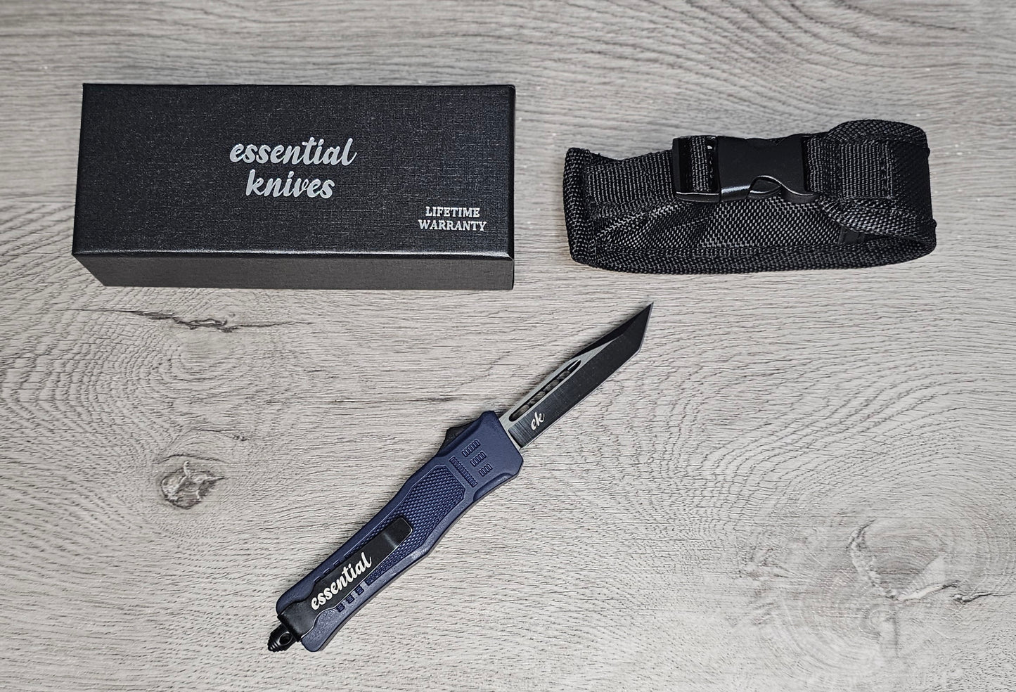 ESSENTIAL KNIVES "THE ESSENTIAL 7" BLUE Out The Front Knife DROP POINT Blade