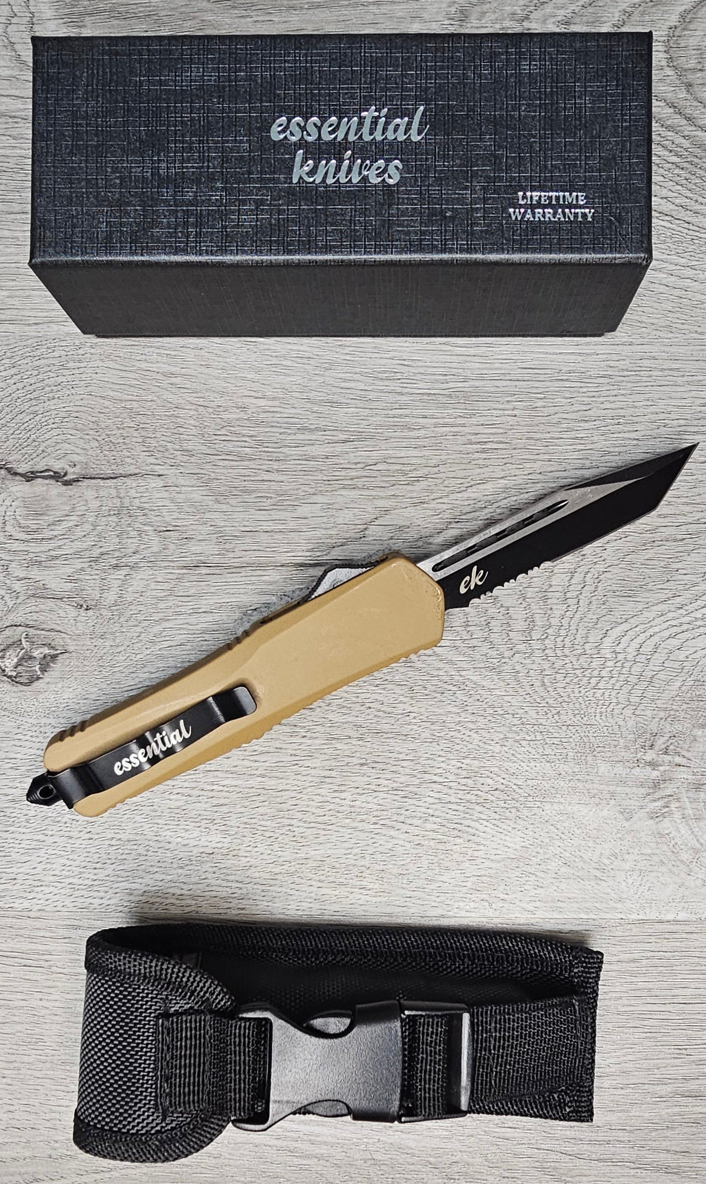 ESSENTIAL KNIVES "THE ESSENTIAL 9" COYOTE Out The Front Knife Tanto Blade
