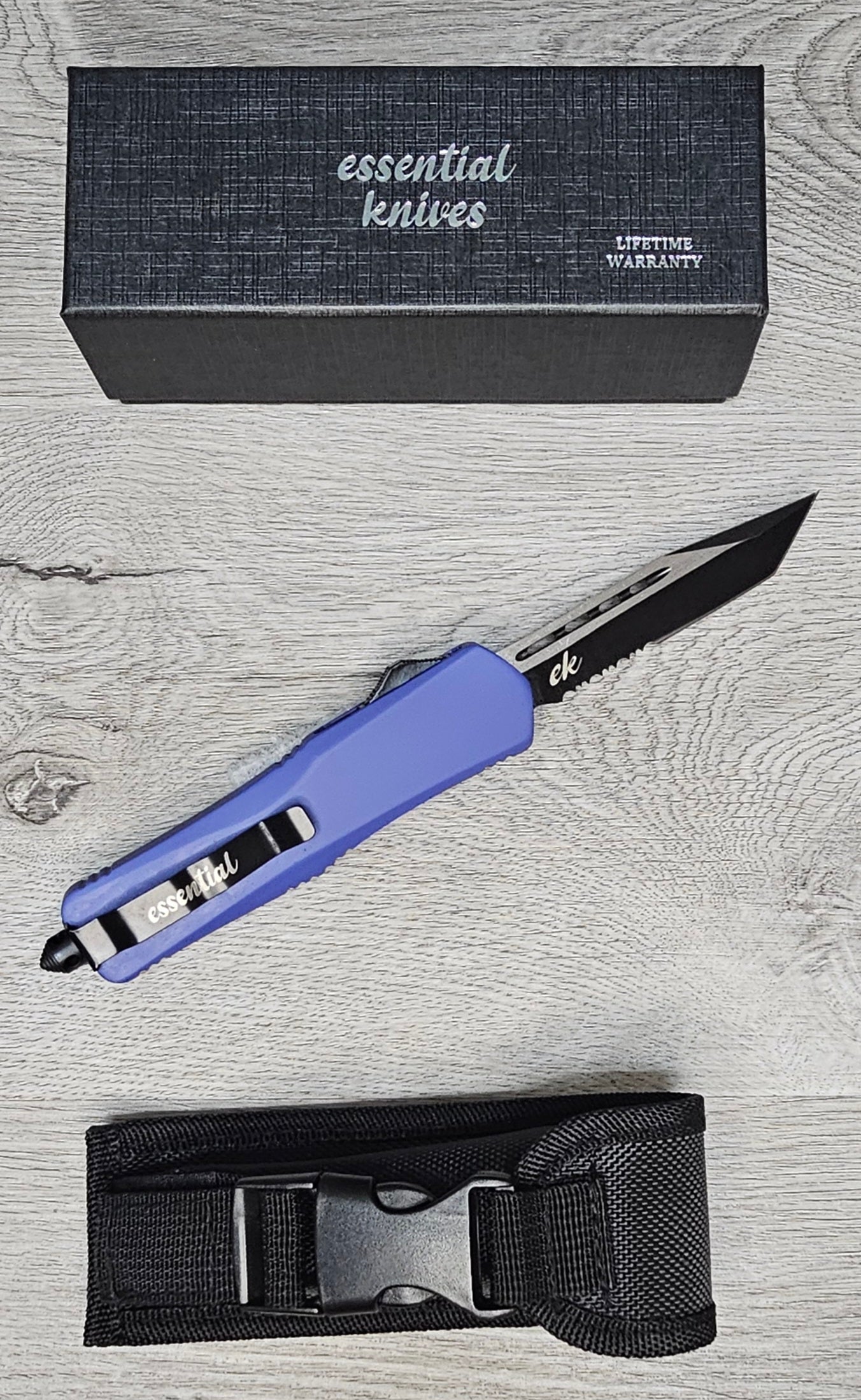 ESSENTIAL KNIVES "THE ESSENTIAL 9" PURPLE Out The Front Knife Tanto SERRATED Blade