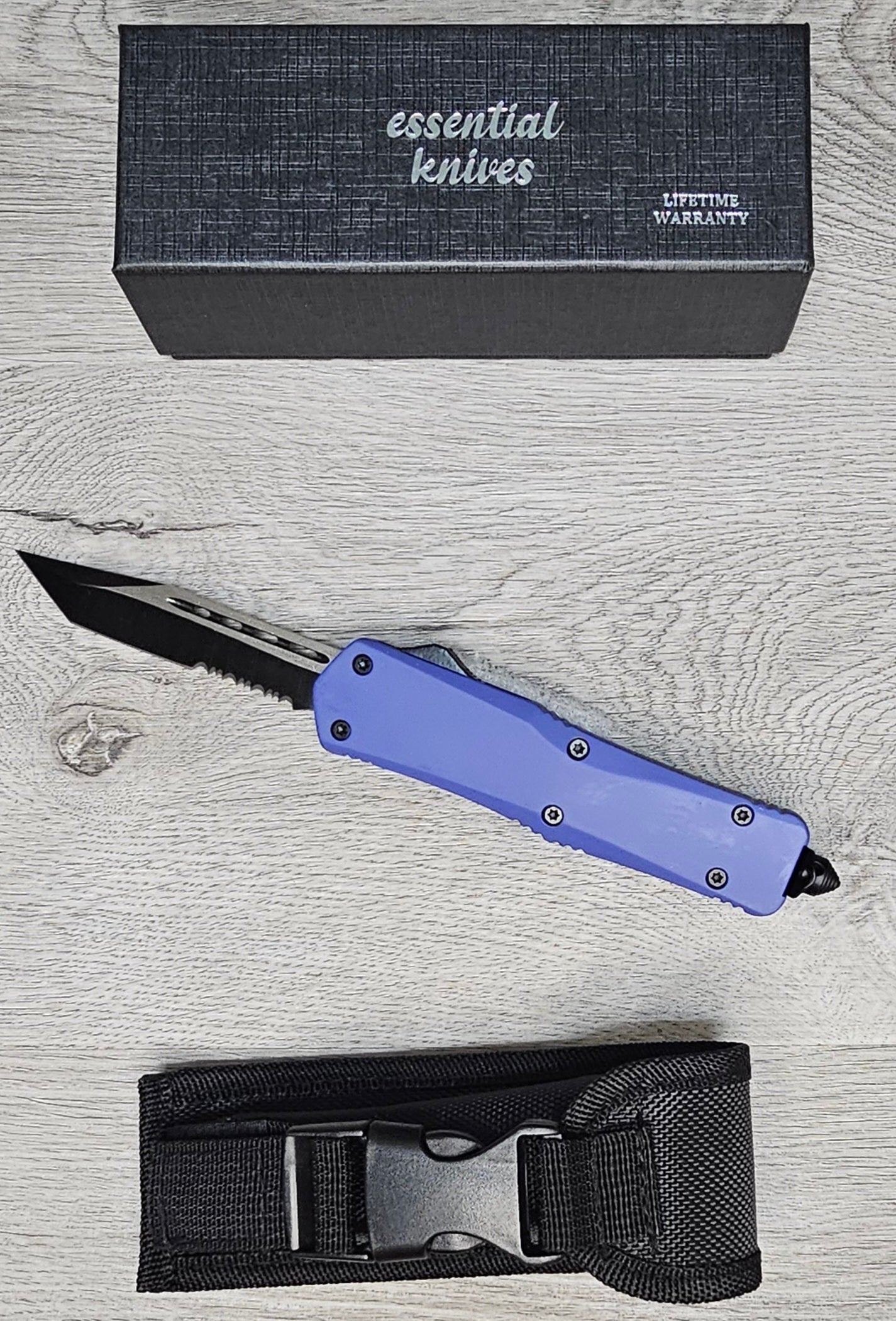 ESSENTIAL KNIVES "THE ESSENTIAL 9" PURPLE Out The Front Knife Tanto SERRATED Blade
