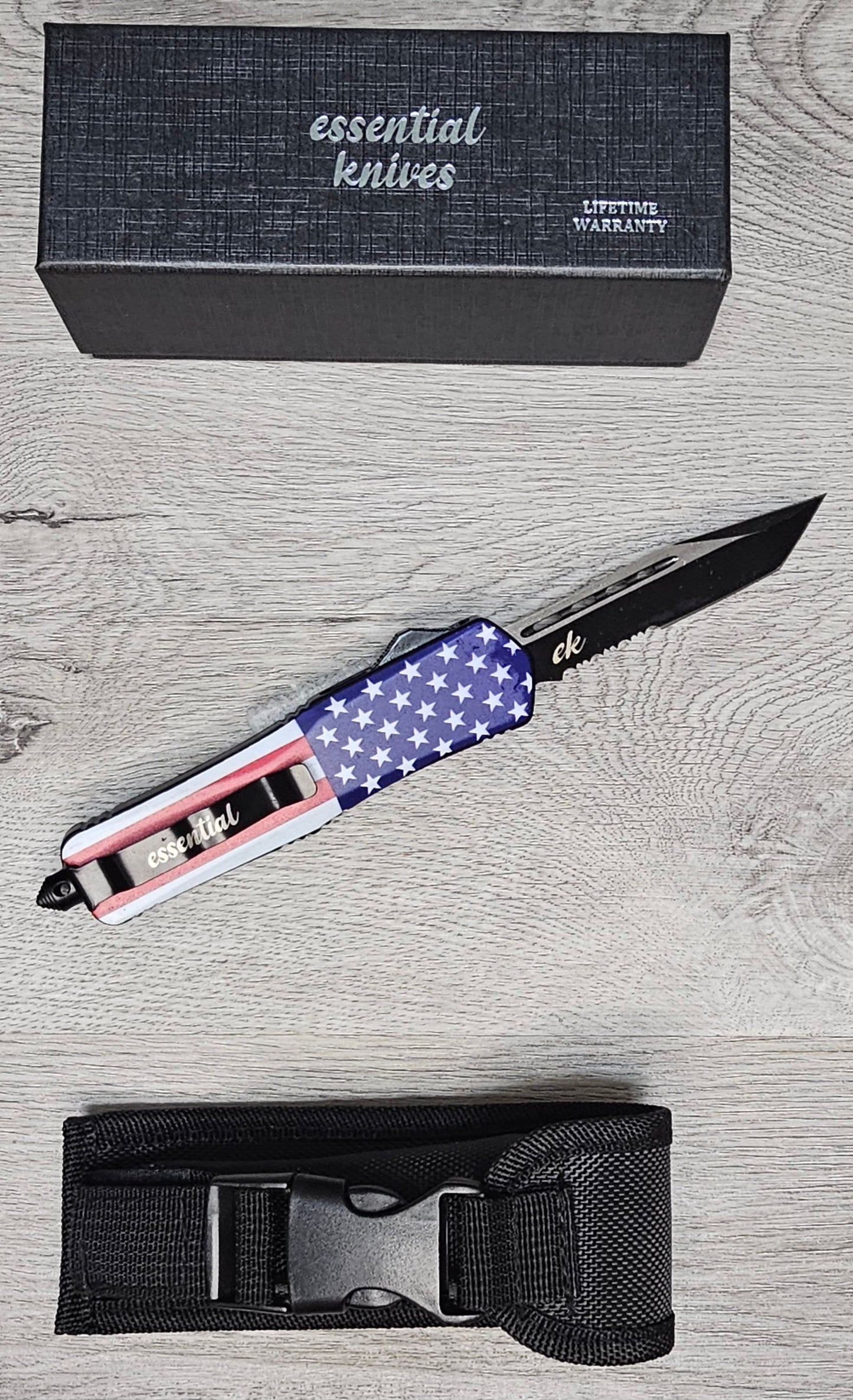 ESSENTIAL KNIVES "THE ESSENTIAL 9" STARS & STRIPES Out The Front Knife Tanto SERRATED Blade