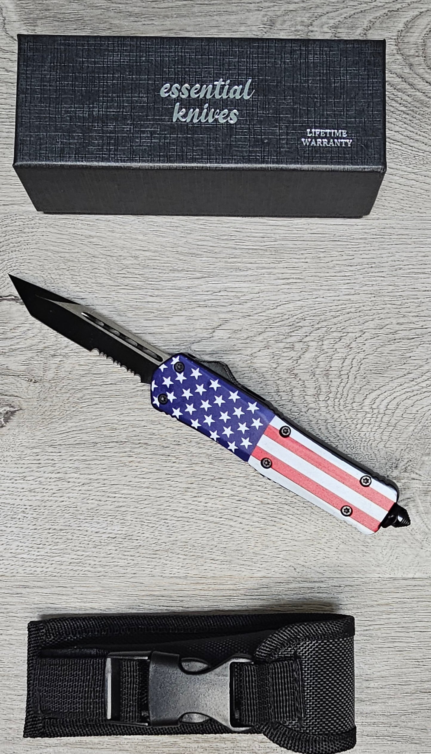 ESSENTIAL KNIVES "THE ESSENTIAL 9" STARS & STRIPES Out The Front Knife Tanto SERRATED Blade