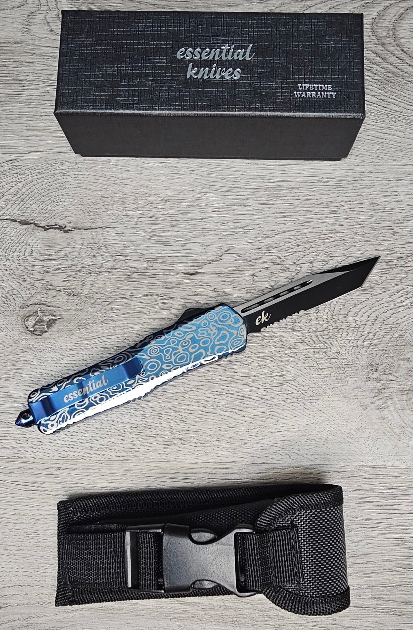 ESSENTIAL KNIVES "THE ESSENTIAL 9" COBALT Out The Front Knife TANTO SERRATED Blade