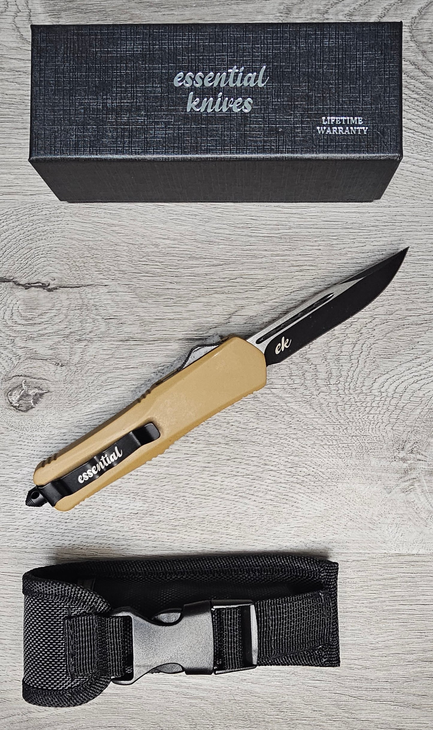 ESSENTIAL KNIVES "THE ESSENTIAL 9" COYOTE Out The Front Knife DROP POINT Blade