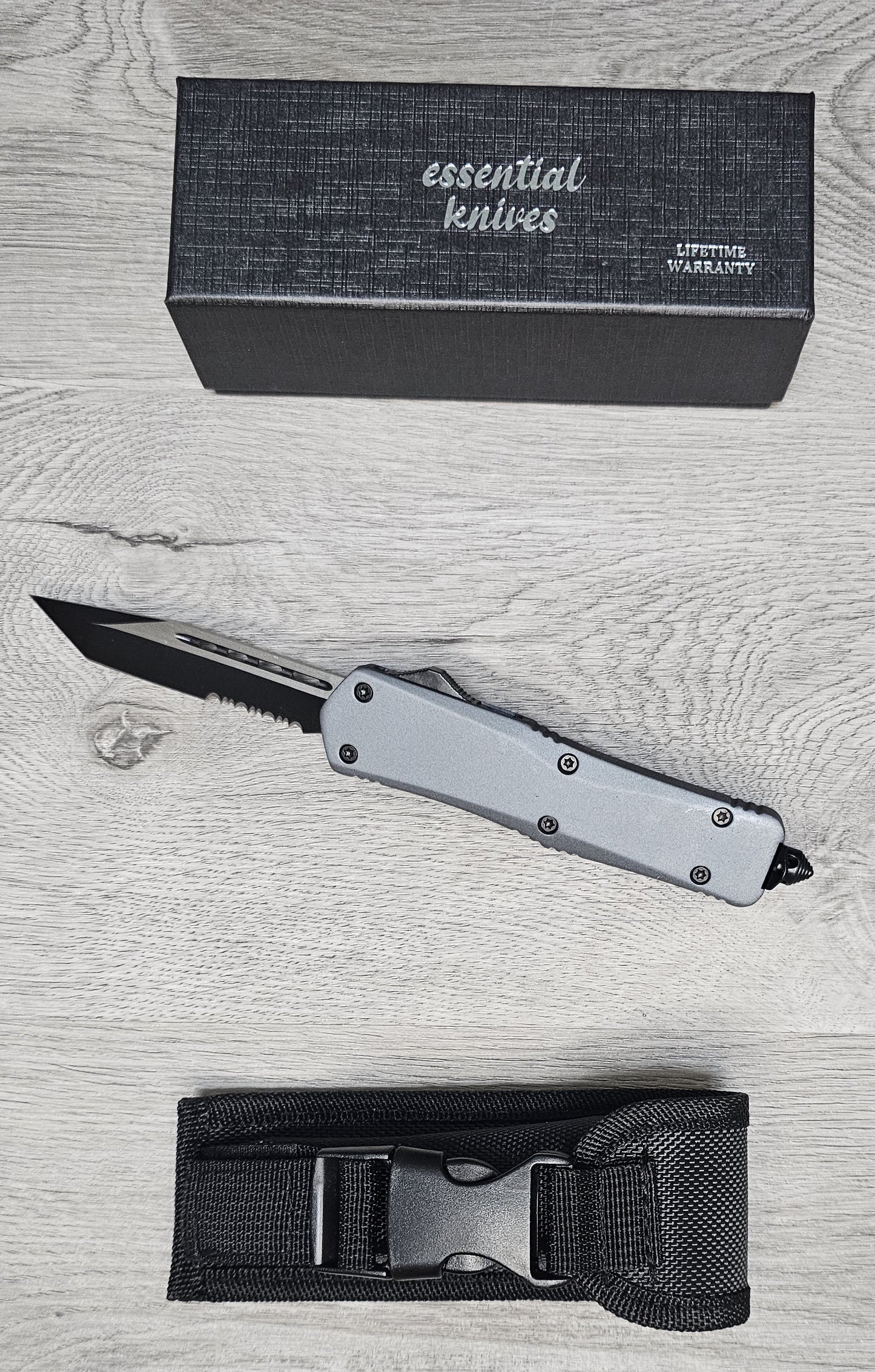 ESSENTIAL KNIVES "THE ESSENTIAL 9" GRANITE Out The Front Knife TANTO SERRATED Blade