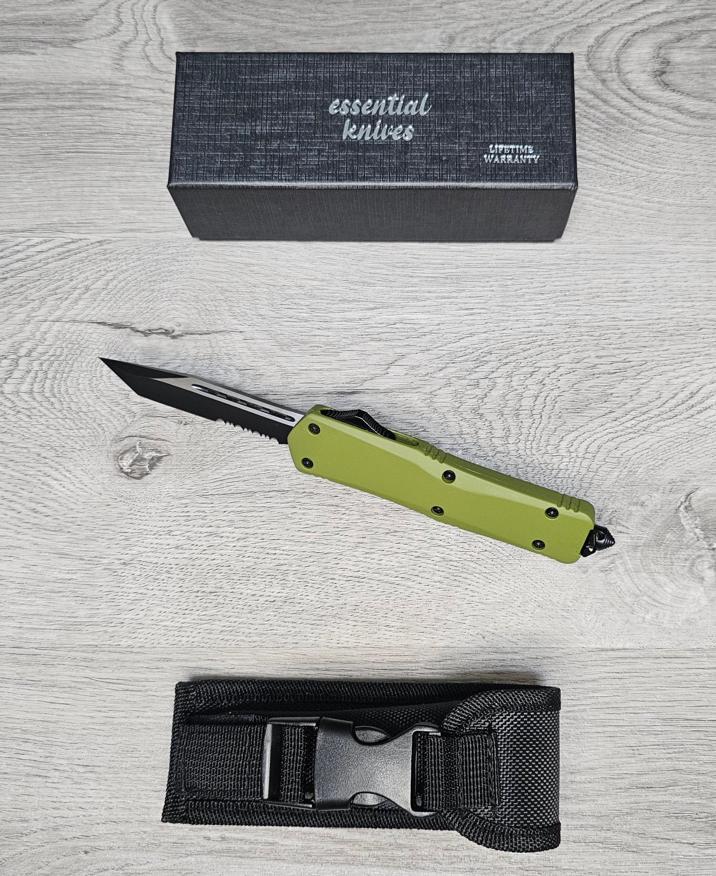ESSENTIAL KNIVES "THE ESSENTIAL 9" OD GREEN Out The Front Knife TANTO SERRATED Blade