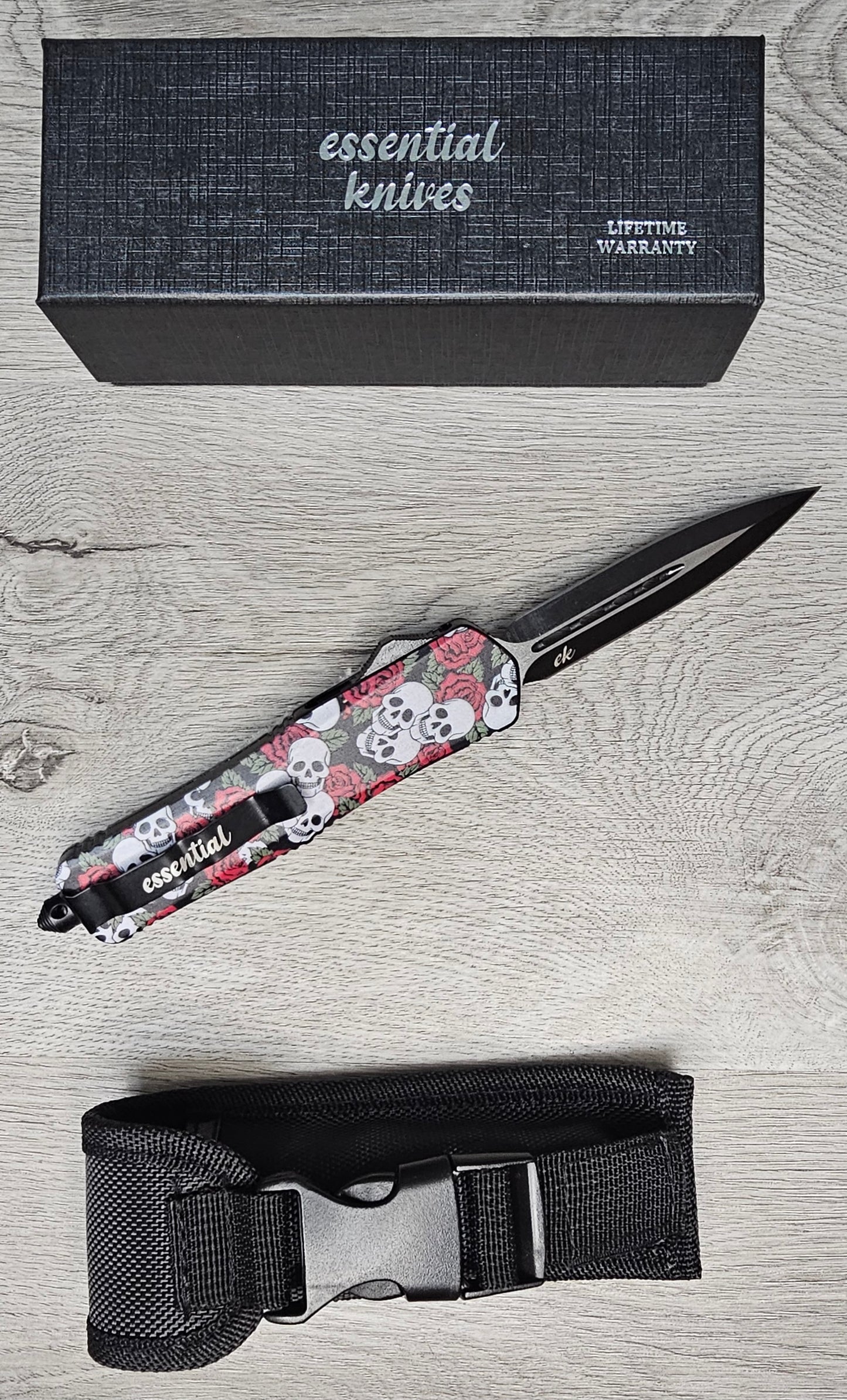 ESSENTIAL KNIVES "THE ESSENTIAL 9" SKULLS N ROSES Out The Front Knife DAGGER Blade