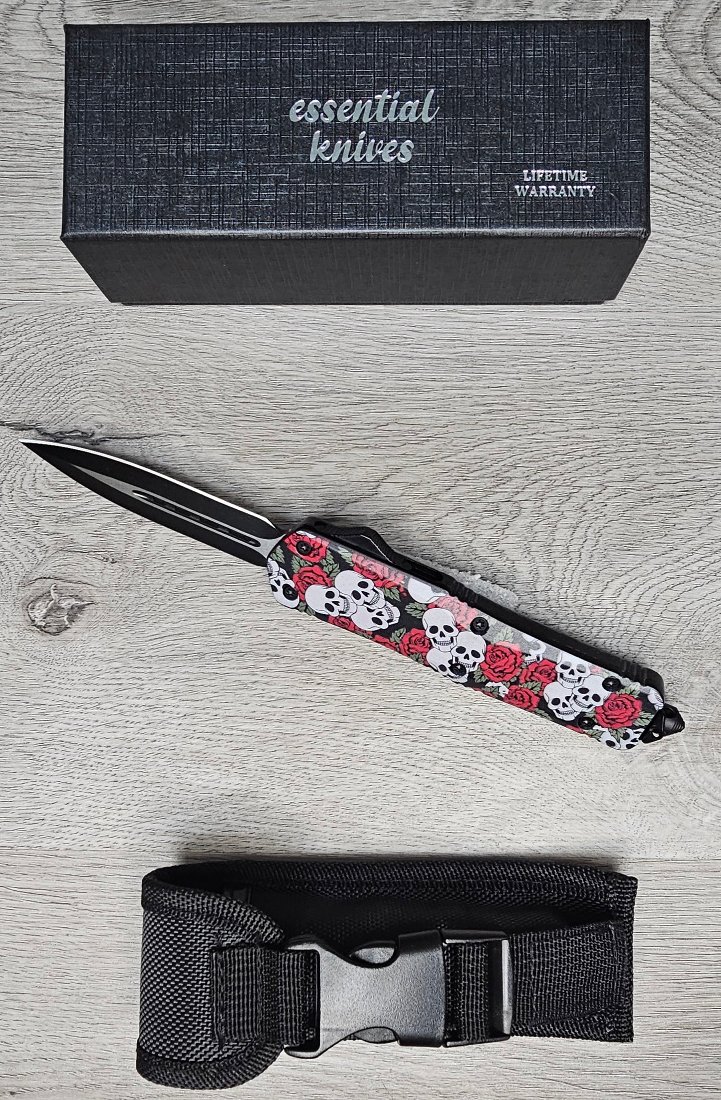 ESSENTIAL KNIVES "THE ESSENTIAL 9" SKULLS N ROSES Out The Front Knife DAGGER Blade