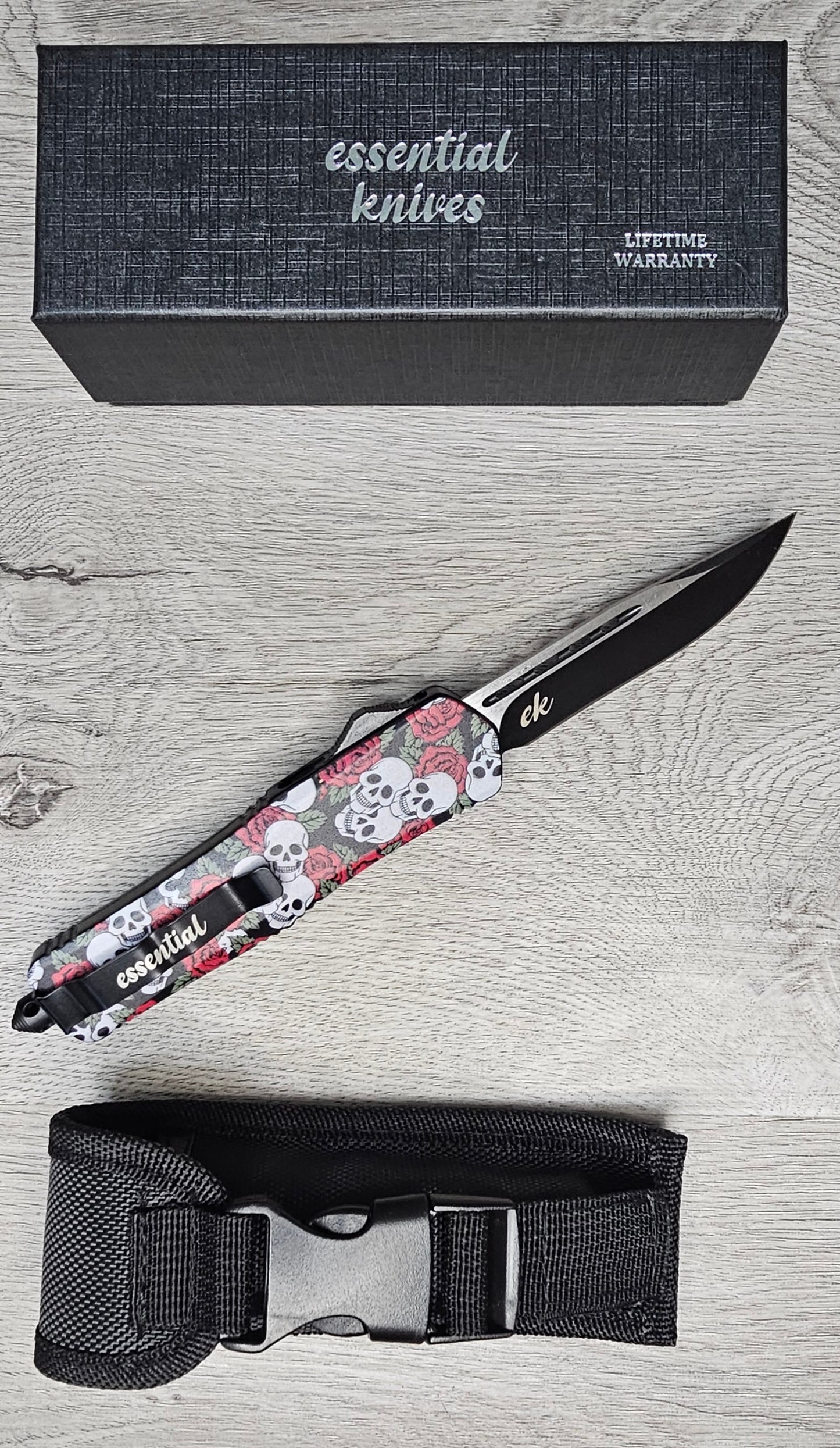 ESSENTIAL KNIVES "THE ESSENTIAL 9" SKULLS N ROSES Out The Front Knife DROP POINT BLADE