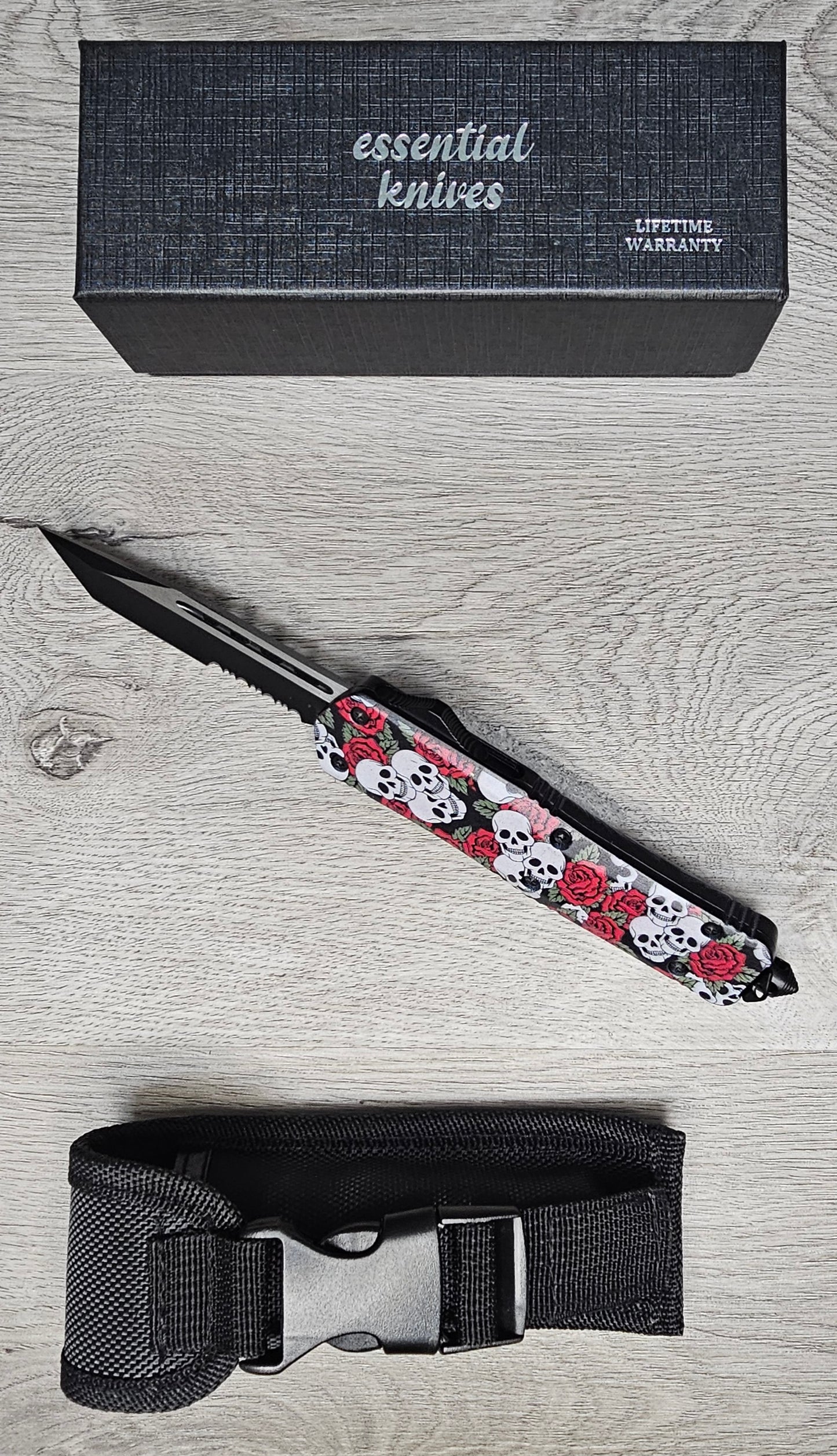 ESSENTIAL KNIVES "THE ESSENTIAL 9" SKULLS N ROSES Out The Front Knife Tanto Blade