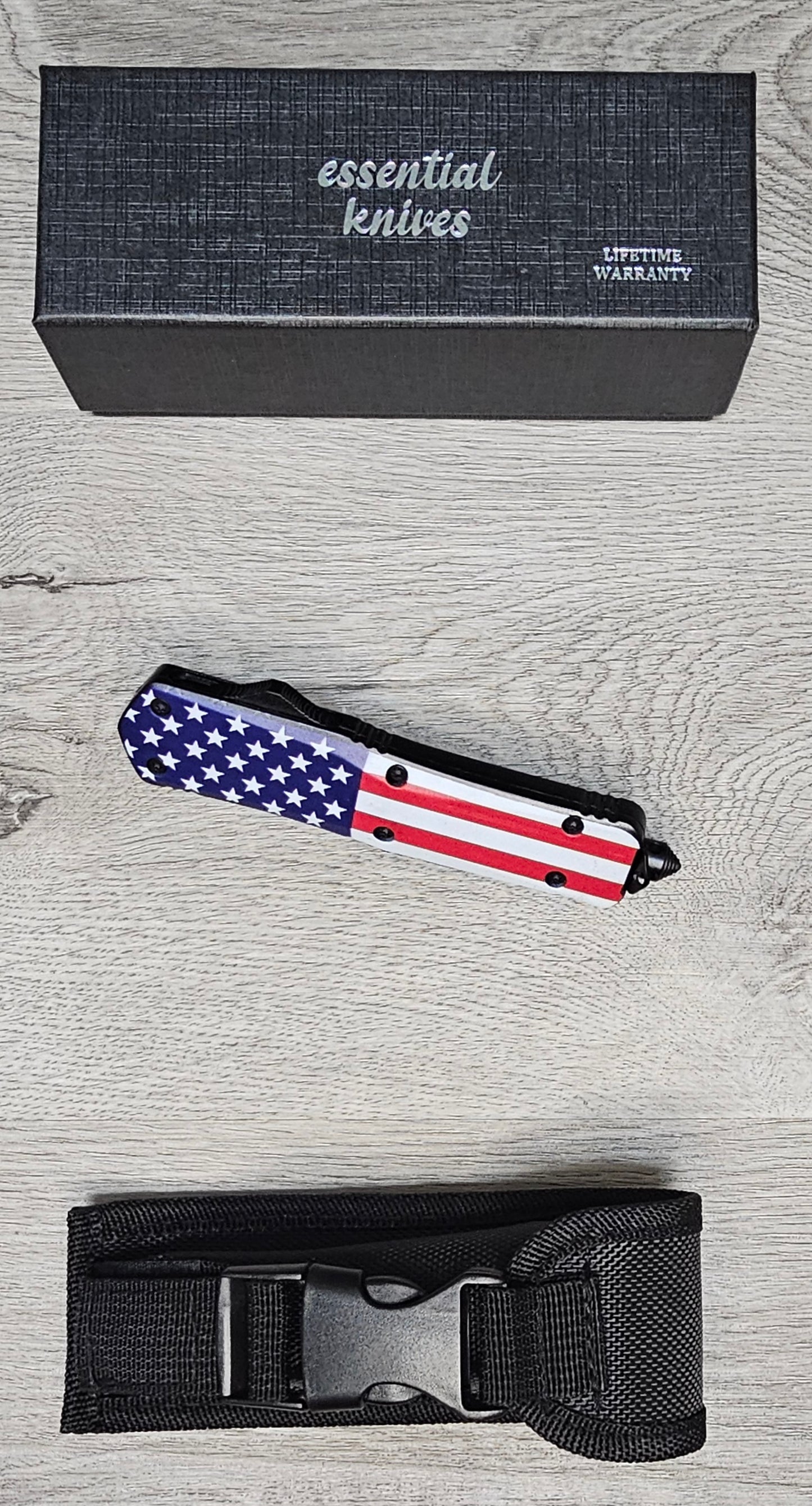 ESSENTIAL KNIVES "THE ESSENTIAL 9" STARS & STRIPES Out The Front Knife Tanto SERRATED Blade