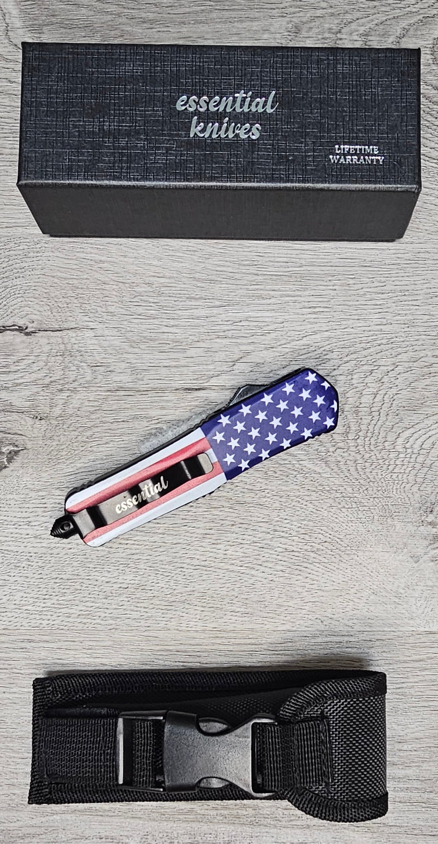 ESSENTIAL KNIVES "THE ESSENTIAL 9" STARS & STRIPES Out The Front Knife Tanto SERRATED Blade