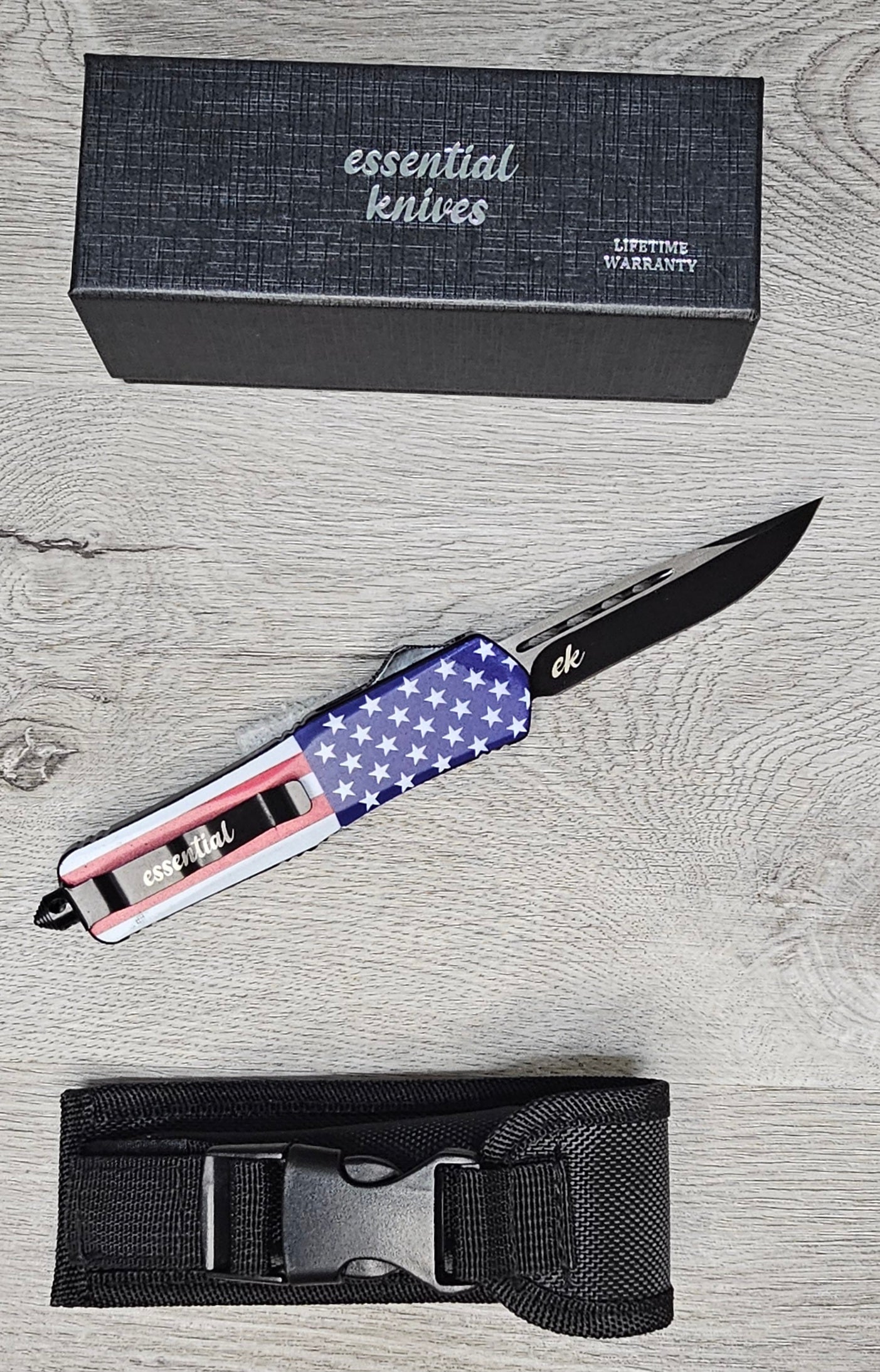 ESSENTIAL KNIVES "THE ESSENTIAL 9" STARS & STRIPES Out The Front Knife DROP POINT Blade