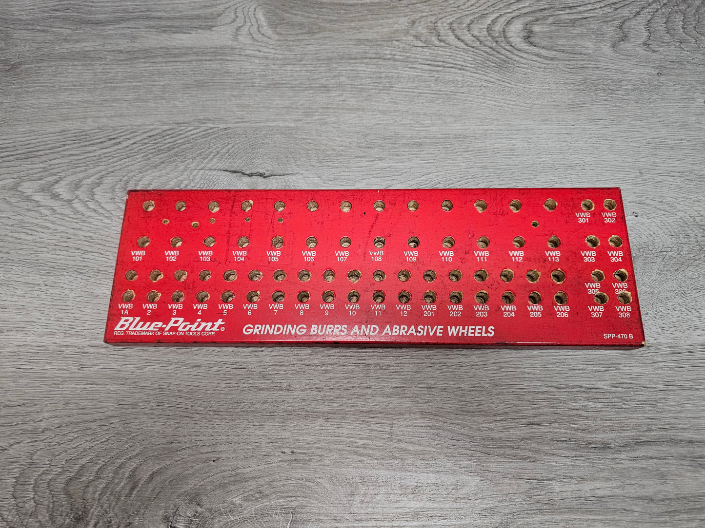 OLD ORGANIZER FOR GRINDING BURS & ABRASIVES additional holes drilled for drill bits Truck worn