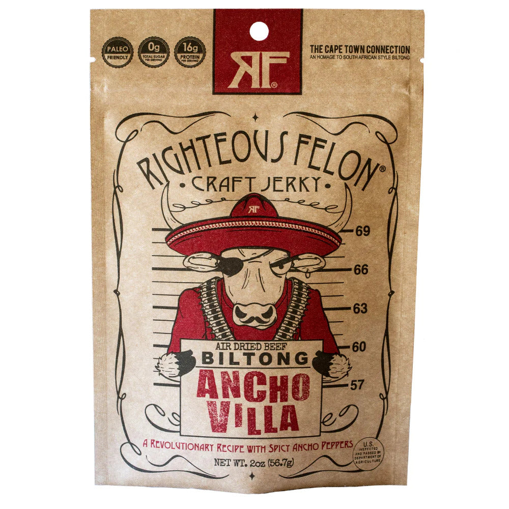 RIGHTEOUS FELON ANCHO VILLA BILTONG (JERKY) 2OZ (8CT)