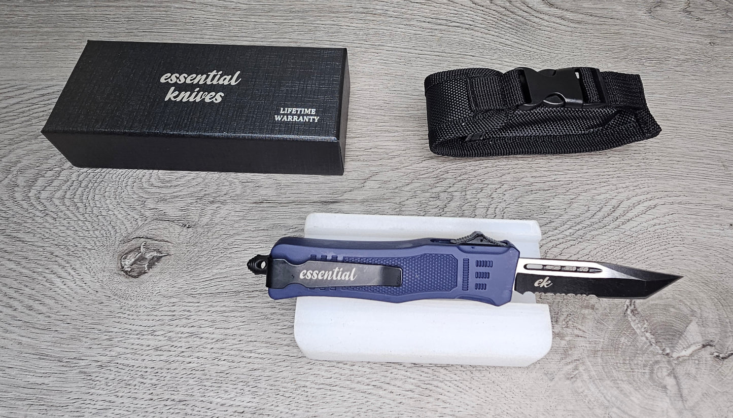 ESSENTIAL KNIVES "THE ESSENTIAL 7" BLUE Out The Front Knife TANTO SERRATED Blade