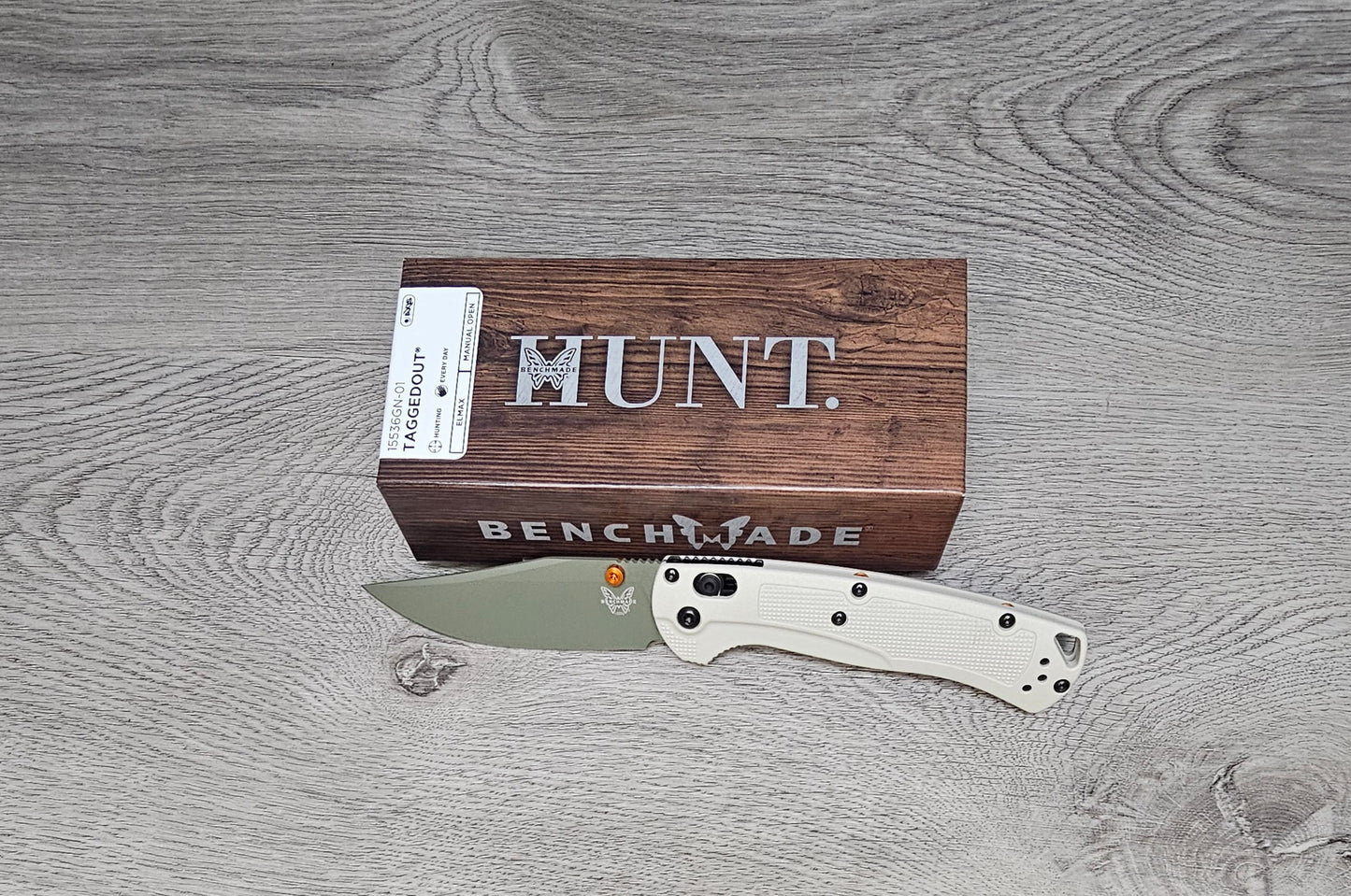 B-USA 15536GN-01  TAG*ED OUT  TAN W/ GREEN BLADE KNIFE. MADE on a BENCH in Oregon