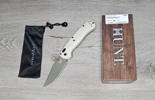 B-USA 15536GN-01  TAG*ED OUT  TAN W/ GREEN BLADE KNIFE. MADE on a BENCH in Oregon