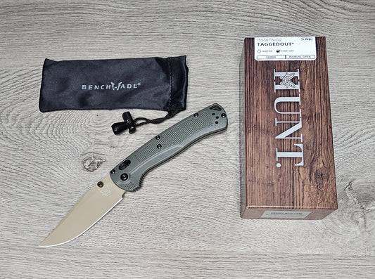B-USA 15536TN-02  TAG*ED OUT  DEEP OLIVE GREEN W/ TAN BLADE KNIFE. MADE on a BENCH in Oregon