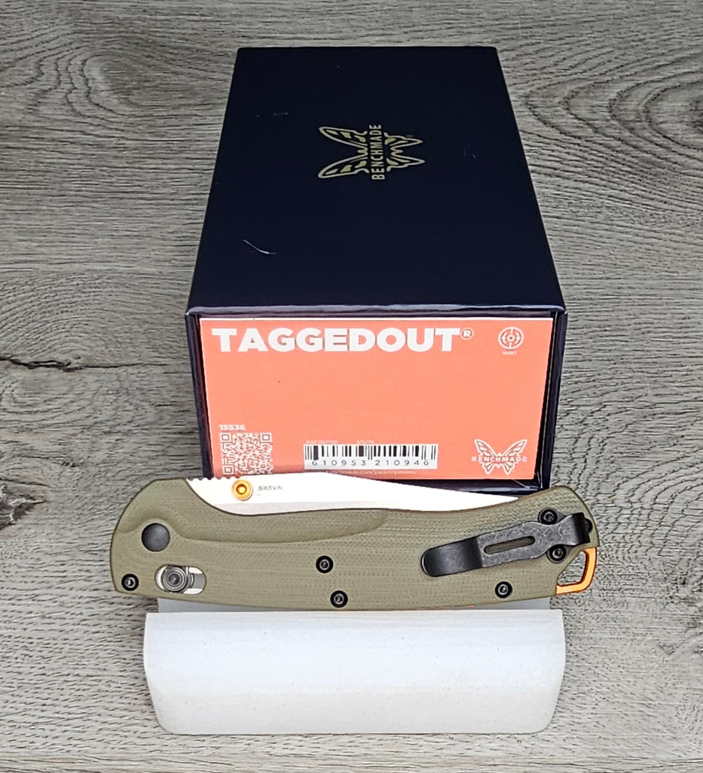 B-USA 15536  TAG*ED OUT OD GREEN G10  KNIFE. MADE on a BENCH in Oregon
