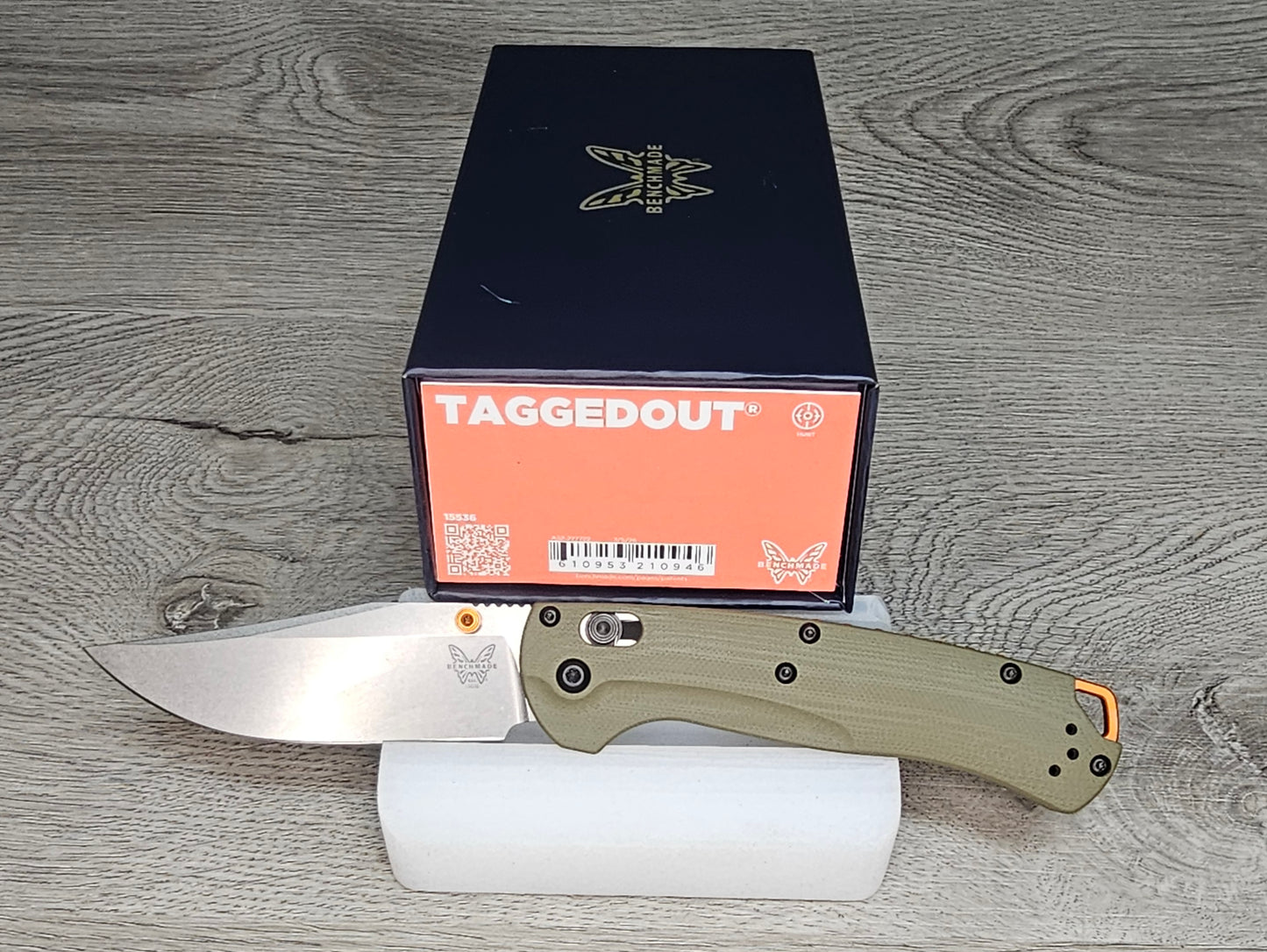 B-USA 15536  TAG*ED OUT OD GREEN G10  KNIFE. MADE on a BENCH in Oregon