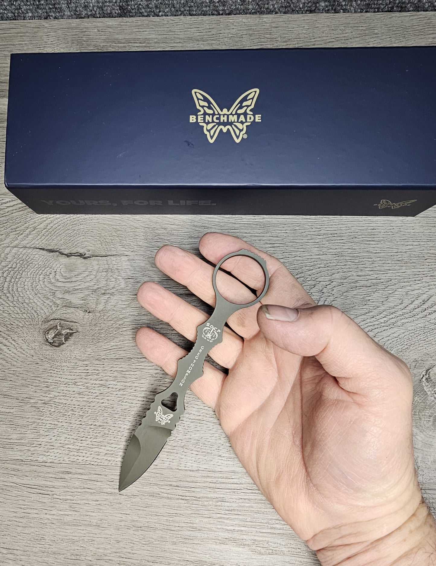 B-USA 177GN MIN*  GREEN SOCP SPEAR POINT MINI DAGGER KNIFE. TAN SEATH MADE on a BENCH in Oregon