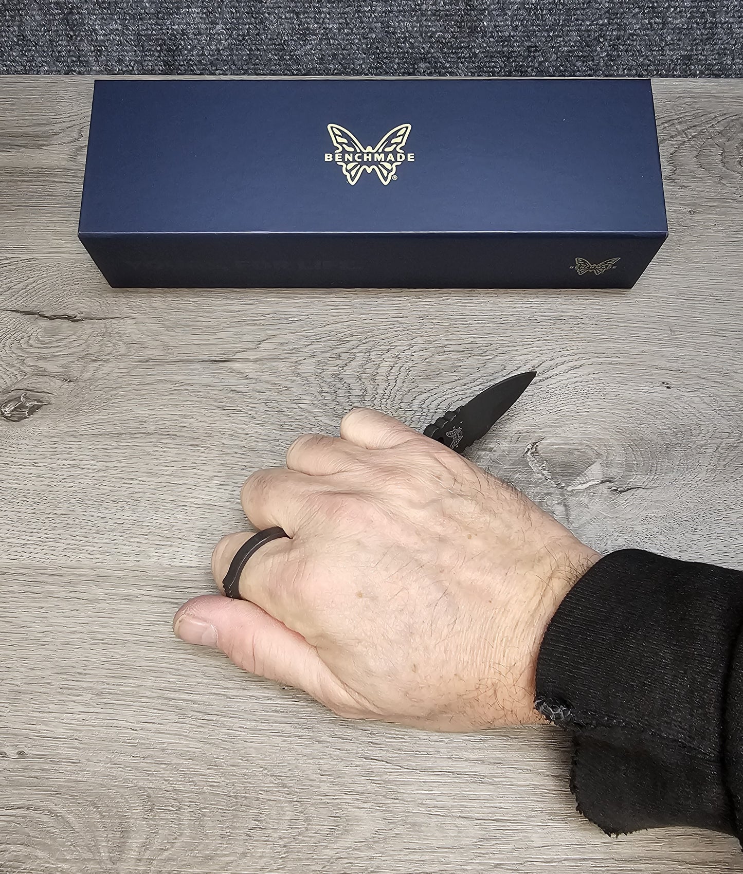 B-USA 177GY MIN*  GRAY SOCP SPEAR POINT MINI DAGGER KNIFE. TAN SEATH MADE on a BENCH in Oregon