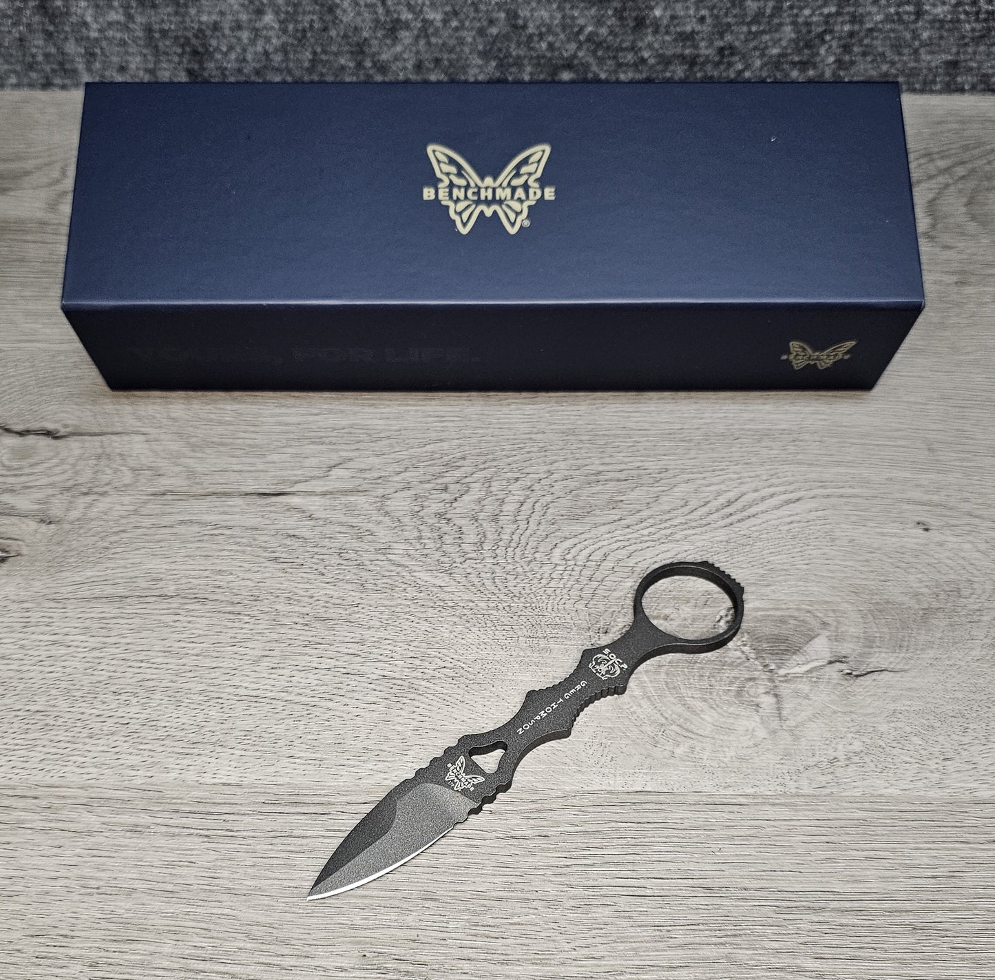 B-USA 177GY MIN*  GRAY SOCP SPEAR POINT MINI DAGGER KNIFE. TAN SEATH MADE on a BENCH in Oregon