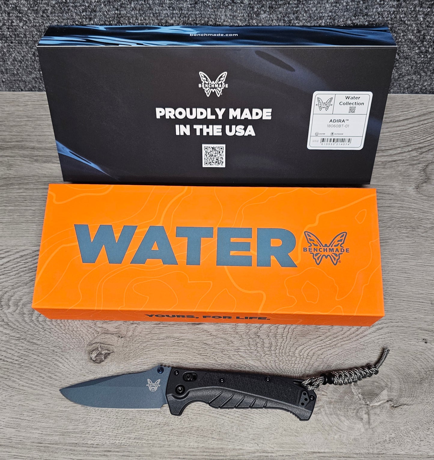 B-USA 18060BT-01 ADIRA WATER SERIES TEMPEST GRAY FOLDING KNIFE MADE on a BENCH in Oregon