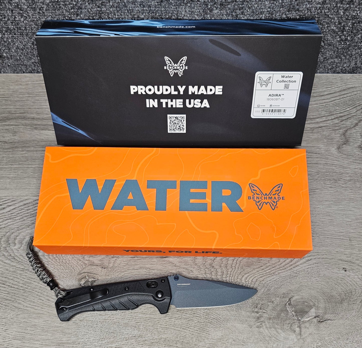 B-USA 18060BT-01 ADIRA WATER SERIES TEMPEST GRAY FOLDING KNIFE MADE on a BENCH in Oregon