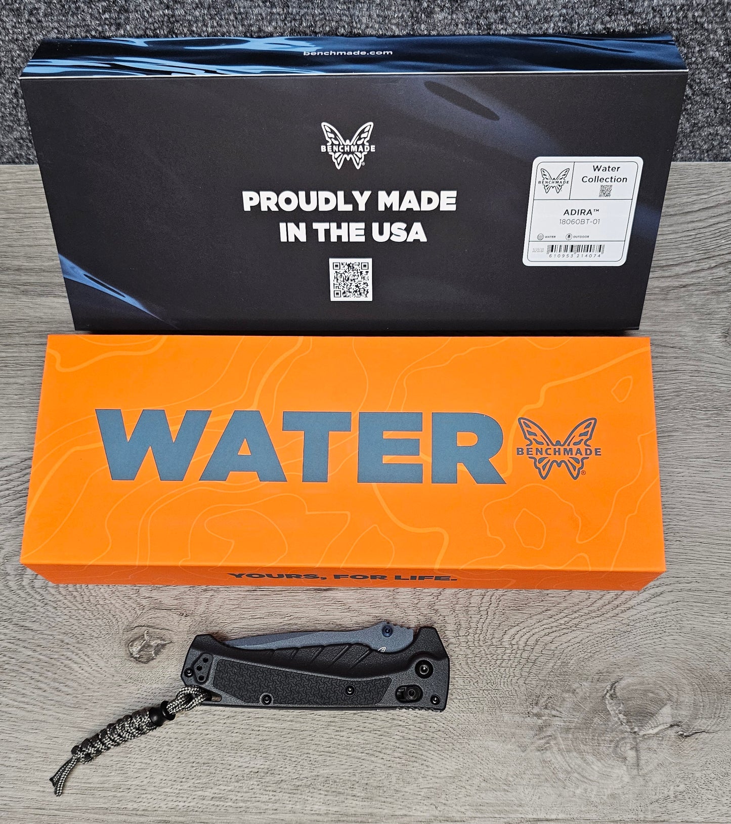 B-USA 18060BT-01 ADIRA WATER SERIES TEMPEST GRAY FOLDING KNIFE MADE on a BENCH in Oregon