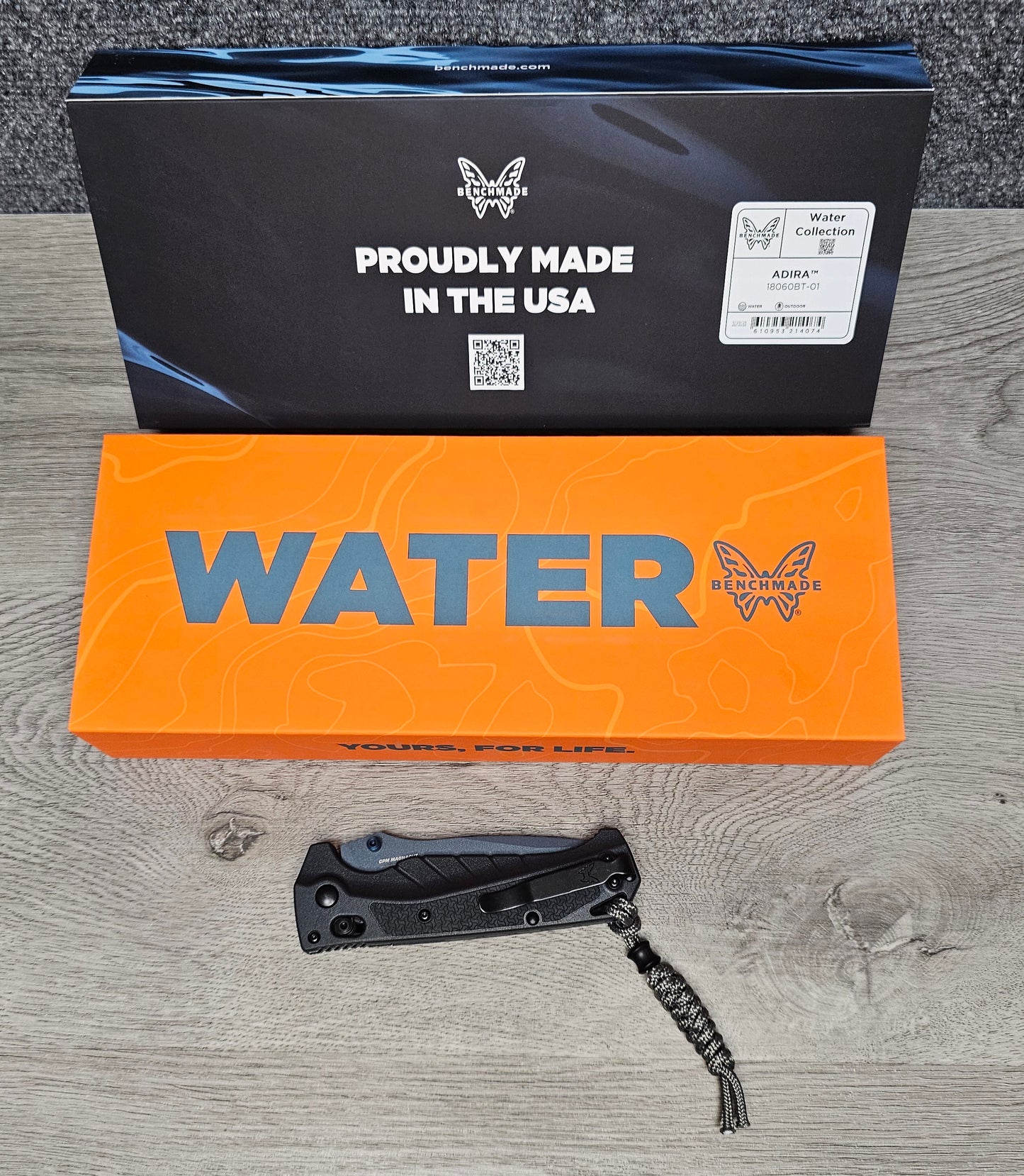 B-USA 18060BT-01 ADIRA WATER SERIES TEMPEST GRAY FOLDING KNIFE MADE on a BENCH in Oregon