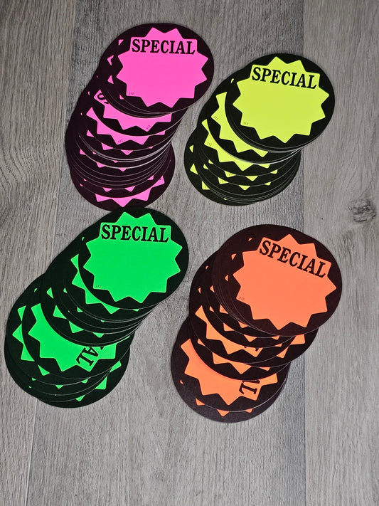 3.25"  "SPECIAL" BURST ROUND SIGN 100 PIECES 25 OF YELLOW, ORANGE, GREEN,PINK