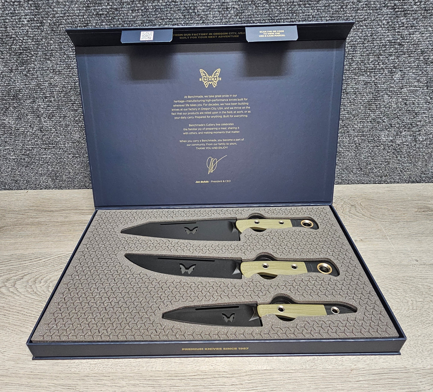 B-USA 4005BK-01 3 PIECE CUTLERY SET OD GREEN/ BLACK: W*LDCOAST, TRU8 PARING, MEATCRAFT*R